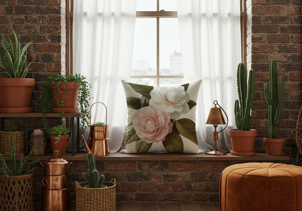 Personalized Camellia Charm Decorative Pillow with Custom Name