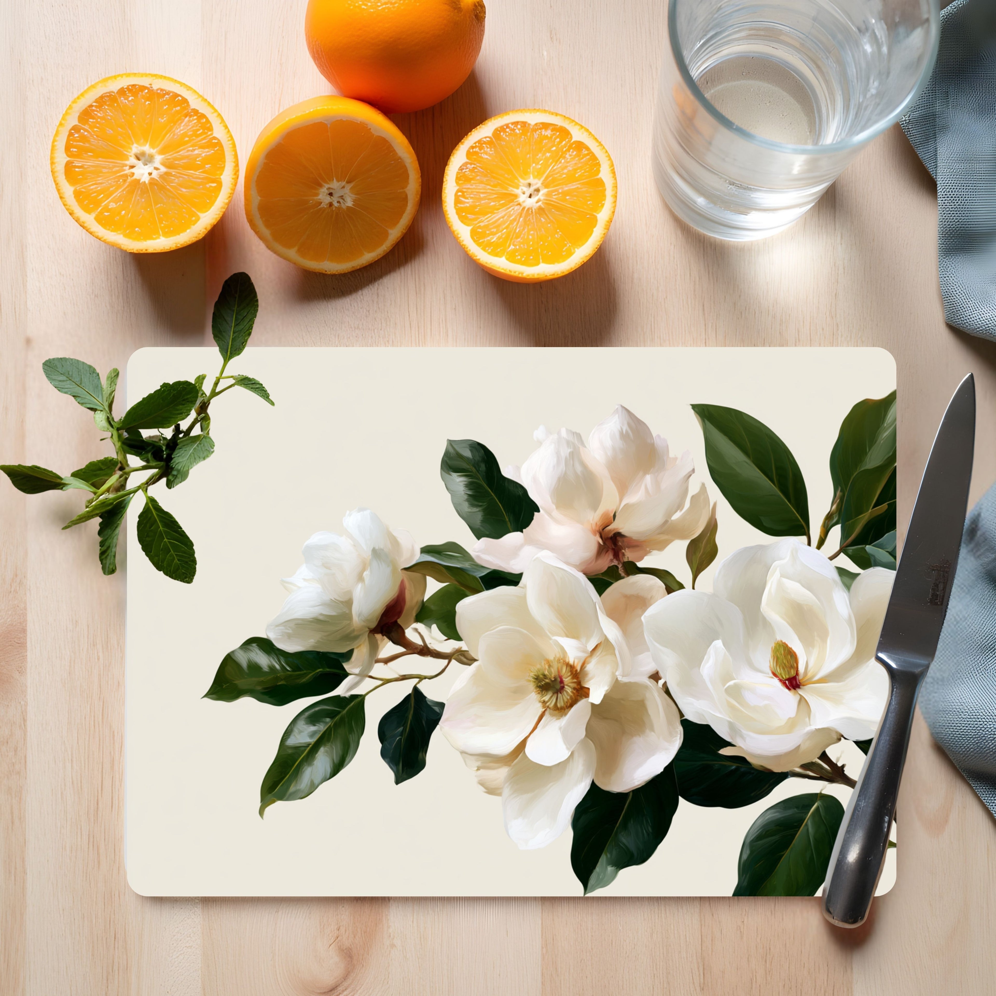 Magnolia Bloom Glass Cutting Board Personalized for Elegant Kitchen Gatherings