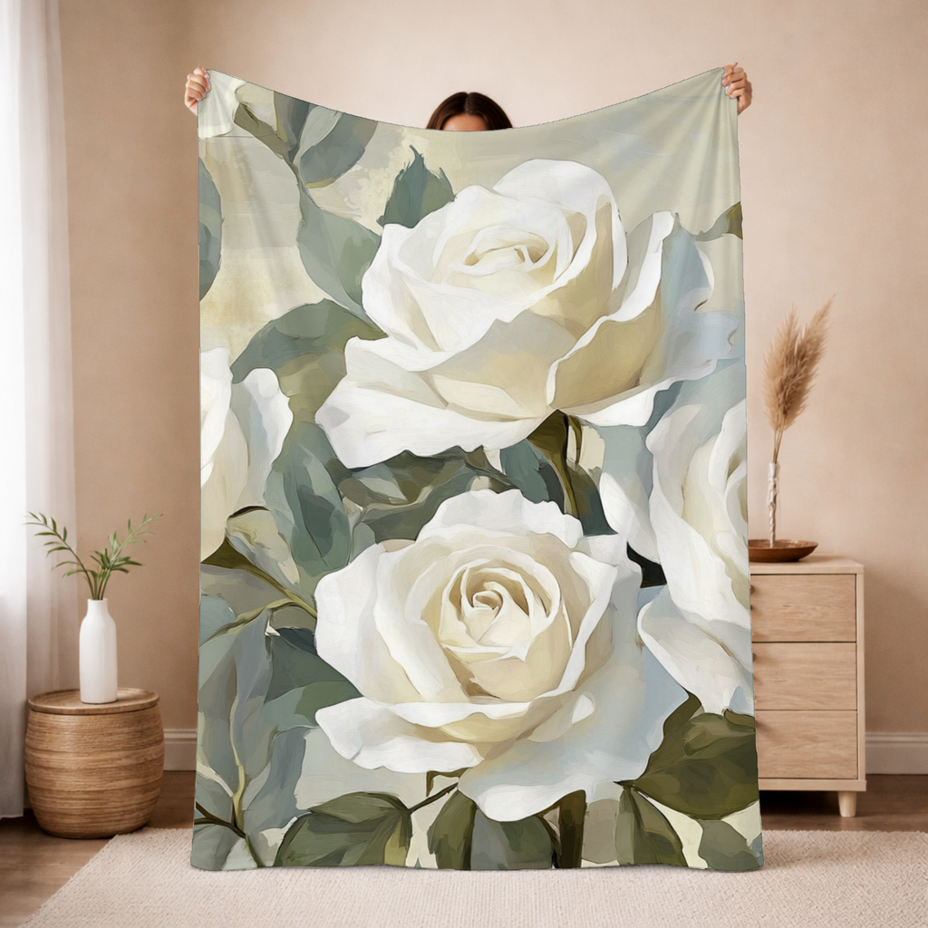 Personalized White Rose Cottage Sherpa Blanket with Custom Name