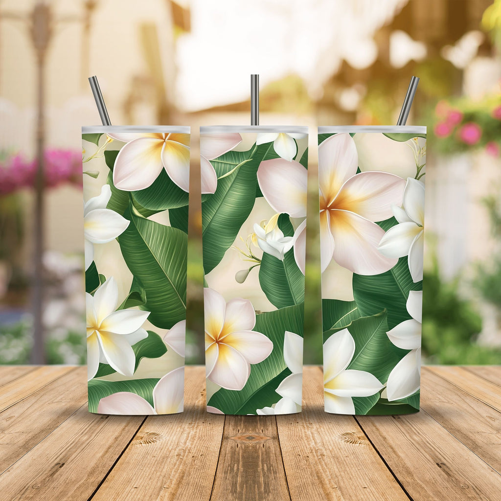 Custom White Plumeria Stainless Steel Travel Tumbler with Personalized Name