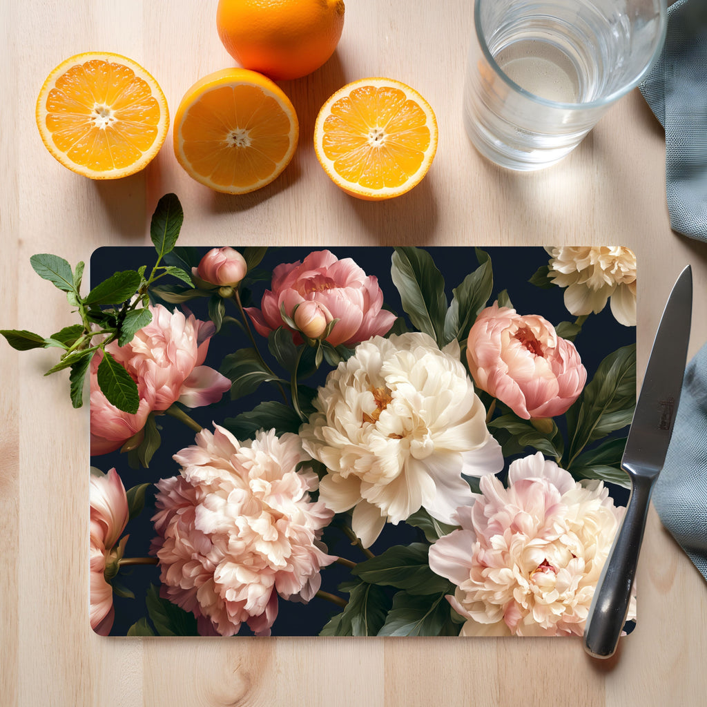 Peony Garden Glass Cutting Board Personalized for Elegant Kitchen Entertaining