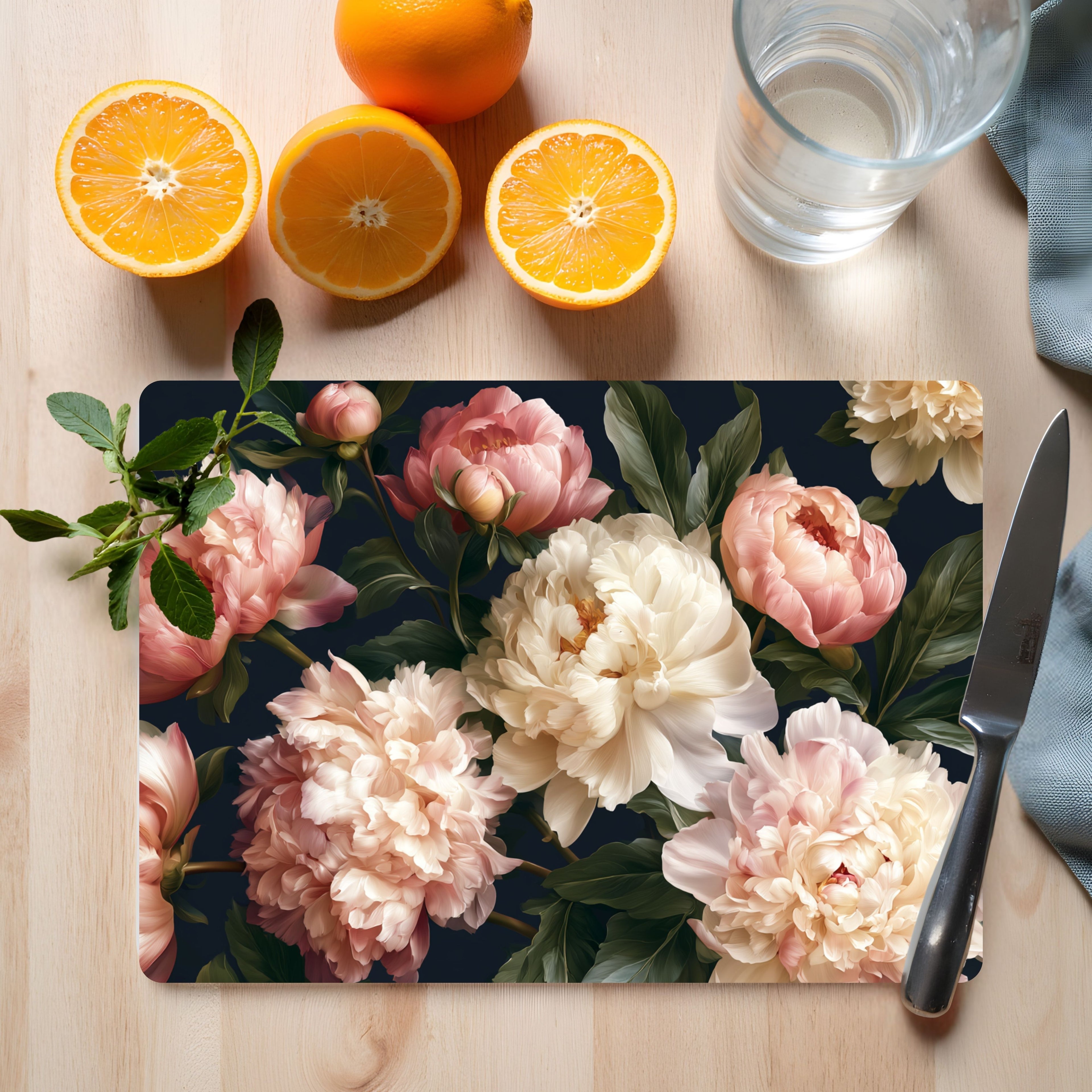 Peony Garden Glass Cutting Board Personalized for Elegant Kitchen Entertaining