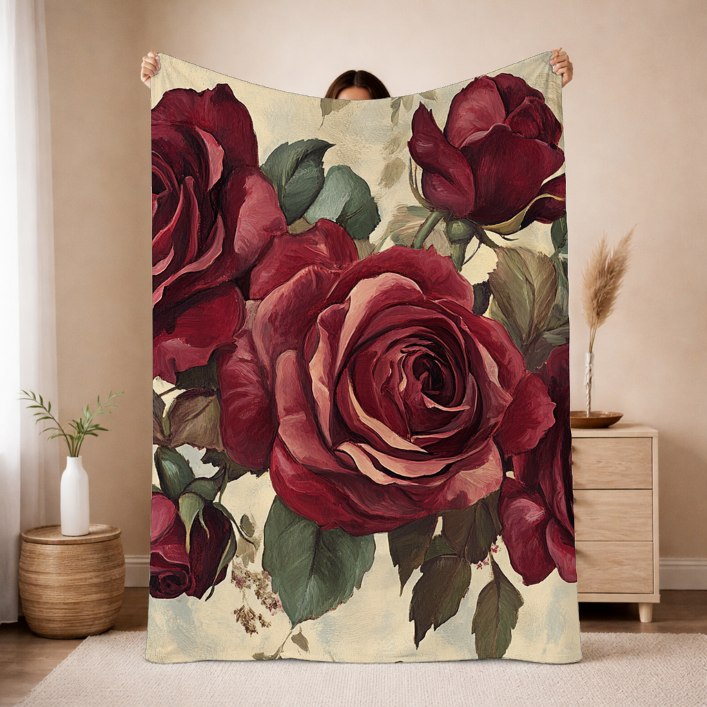 Personalized Spring Red Rose Sherpa Blanket with Custom Name
