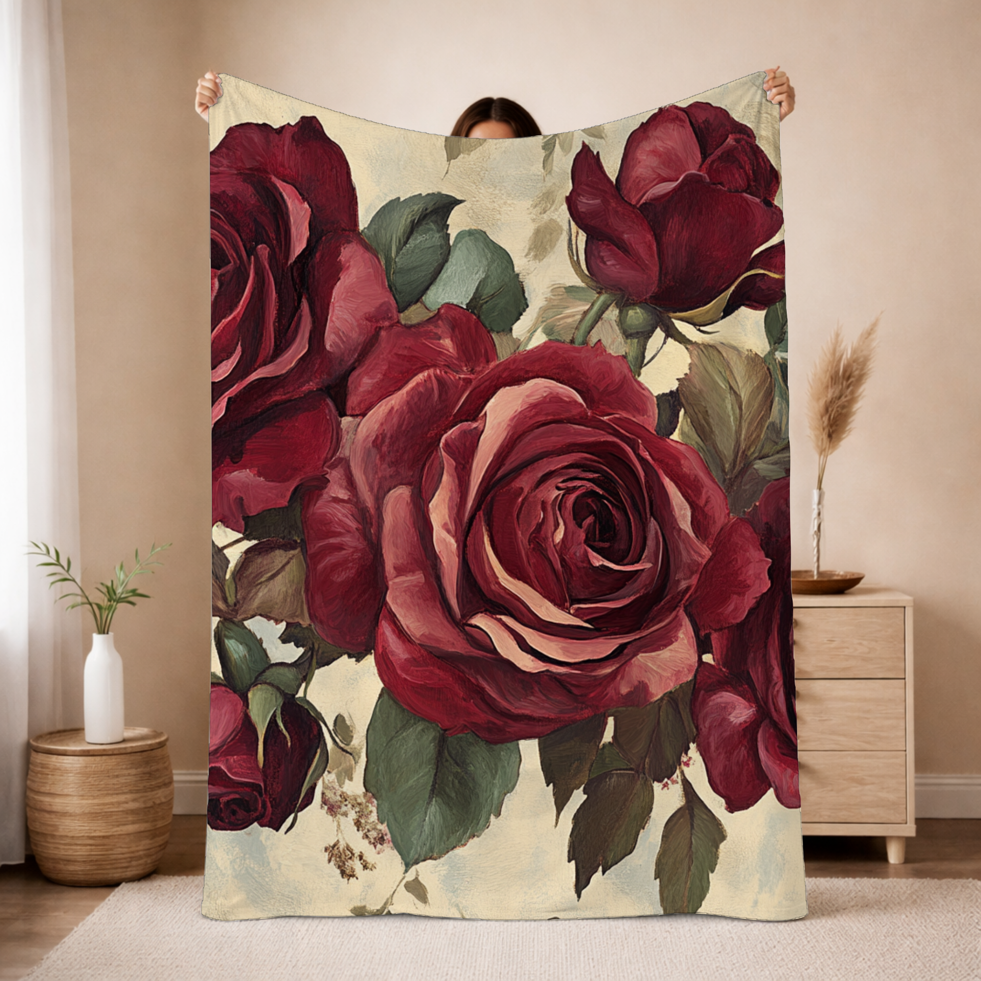 Personalized Spring Red Rose Sherpa Blanket with Custom Name