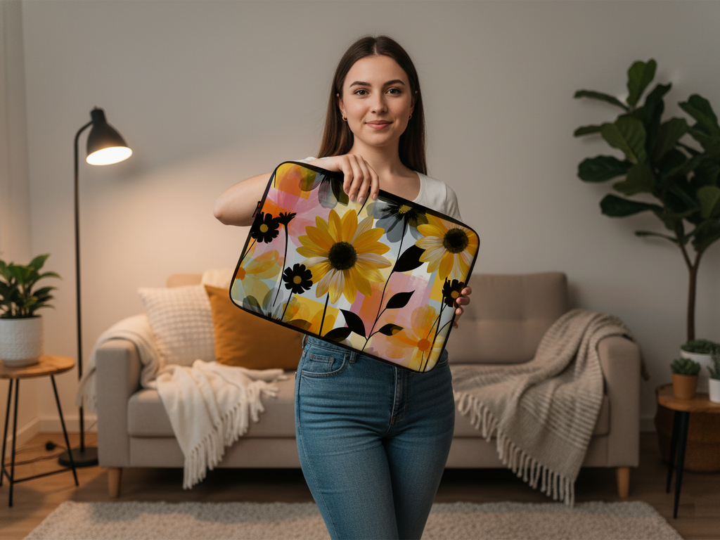 Rudbeckia Floral Laptop Sleeve with Personalized Name Botanical Tech Cover