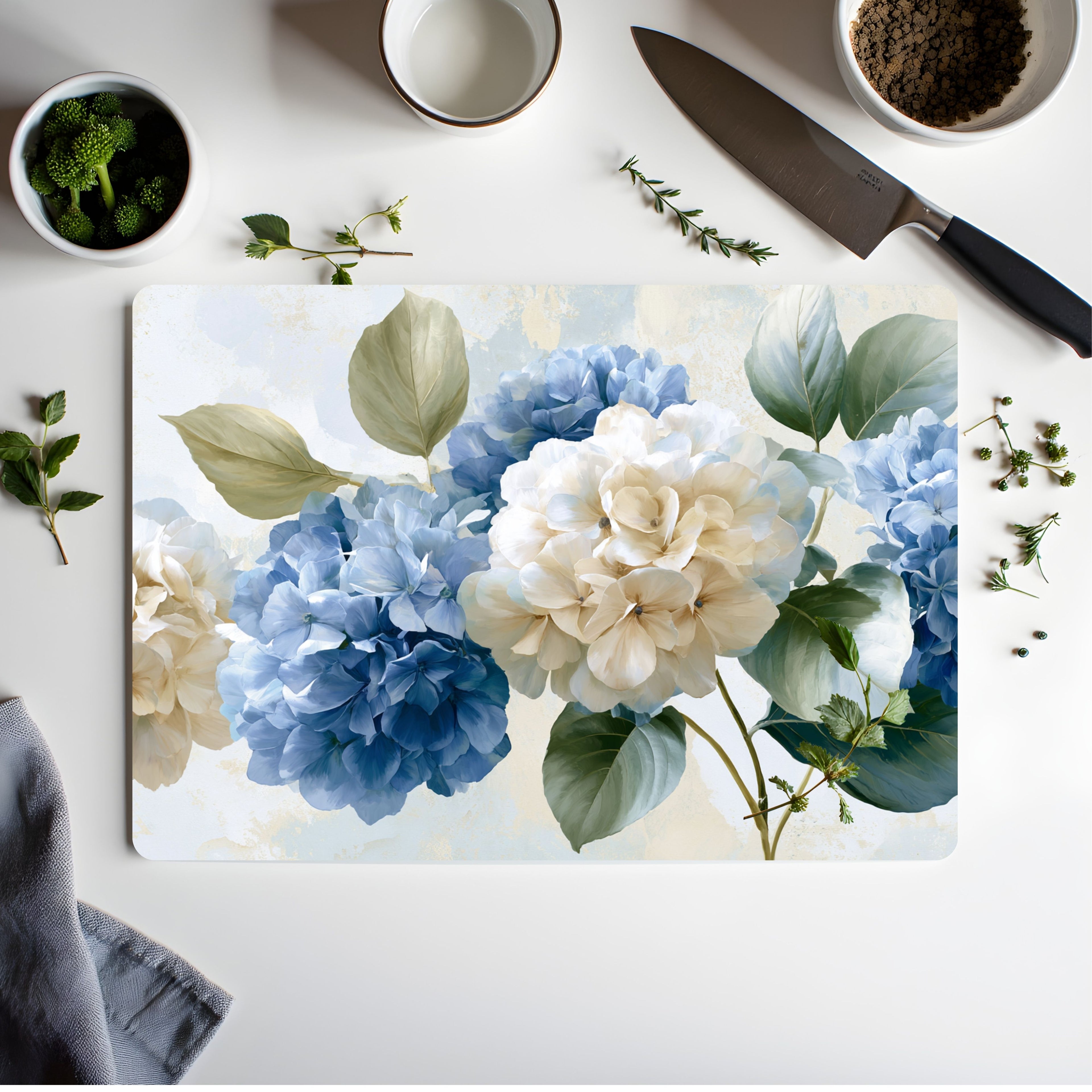 Hydrangea Bloom Glass Cutting Board Personalized for Garden Inspired Kitchen Décor