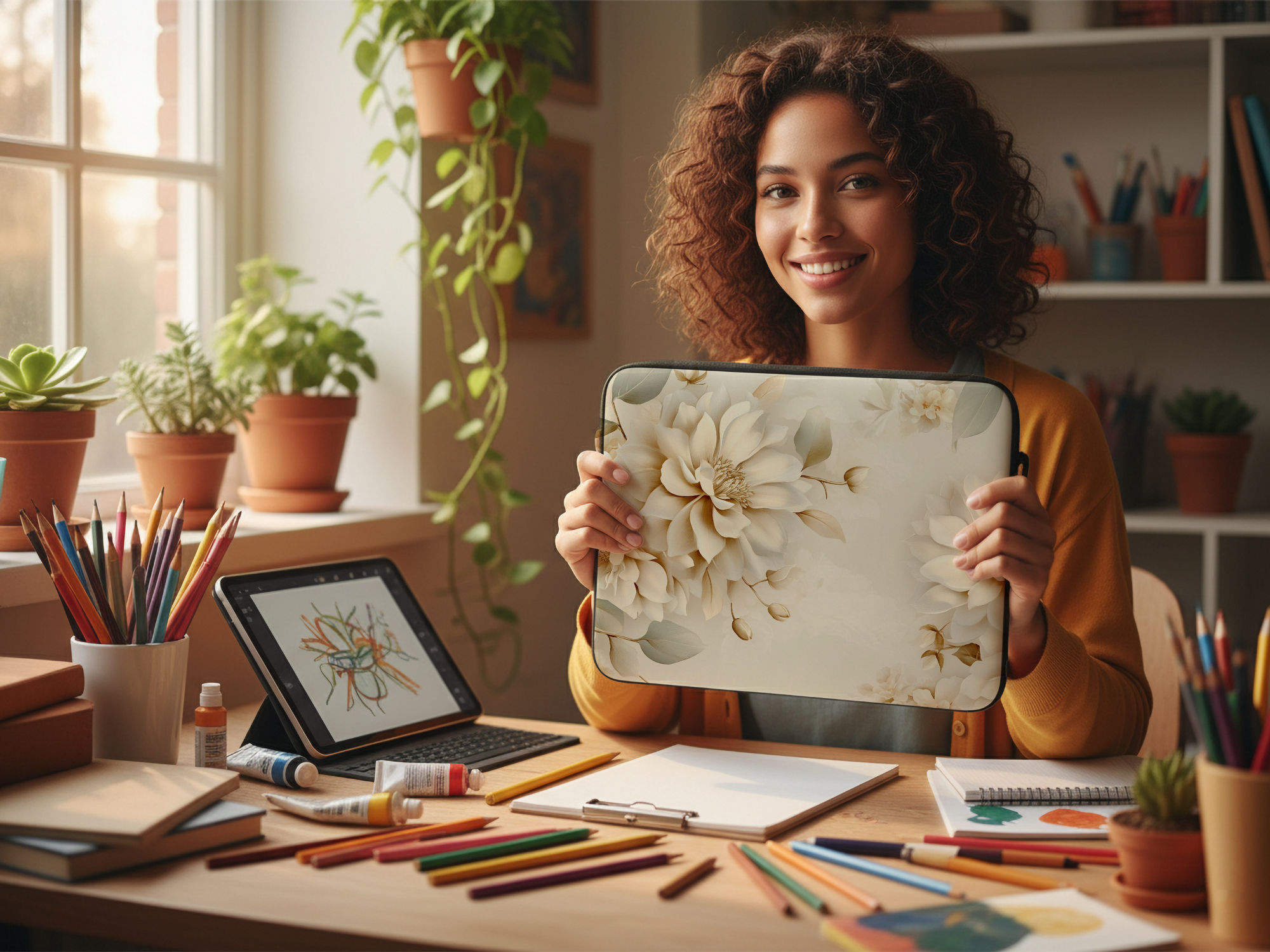 Cream Magnolia Laptop Portfolio with Personalized Name Botanical Tech Sleeve