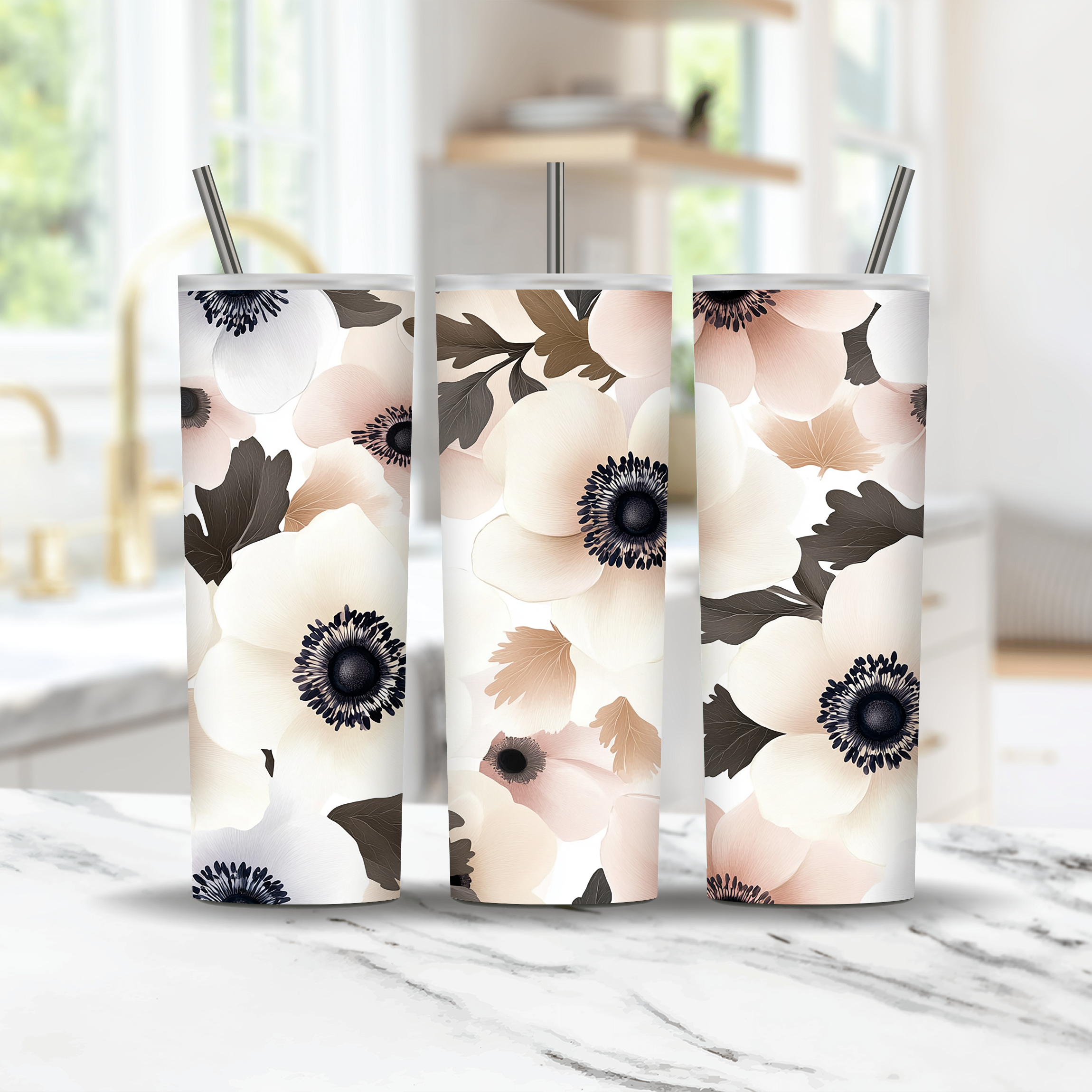 Personalized Anemone Floral Stainless Steel Tumbler with Custom Name