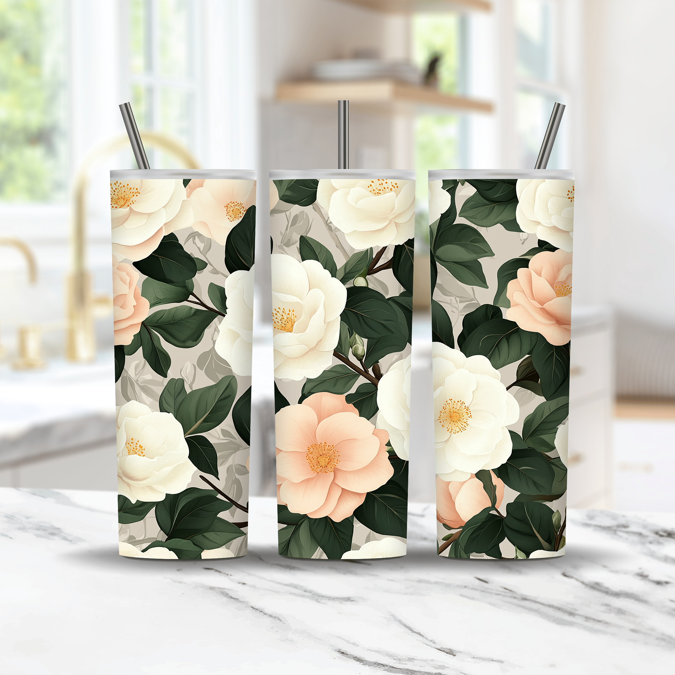 Personalized Camellia Tumbler with Custom Name, Floral Garden Gift