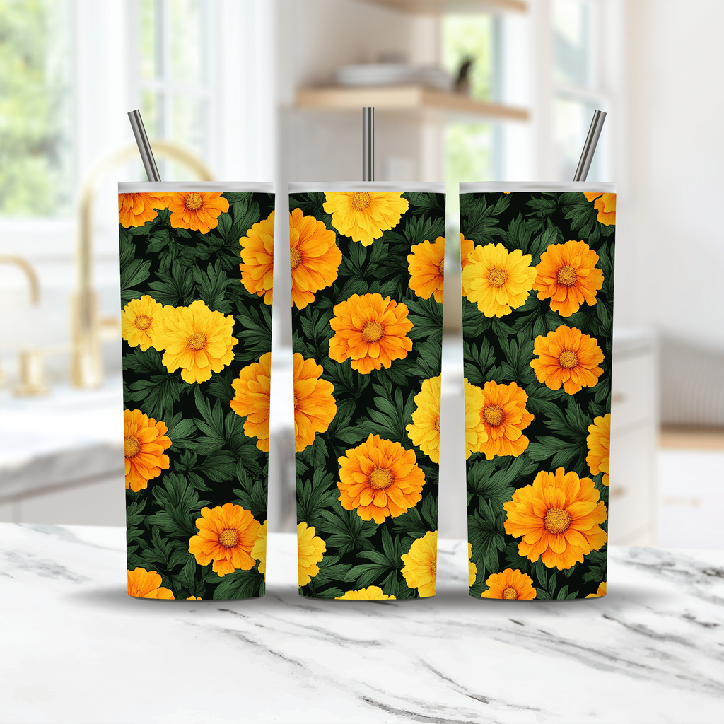 Personalized Calendula Tumbler with Custom Name, Botanical Floral Gift