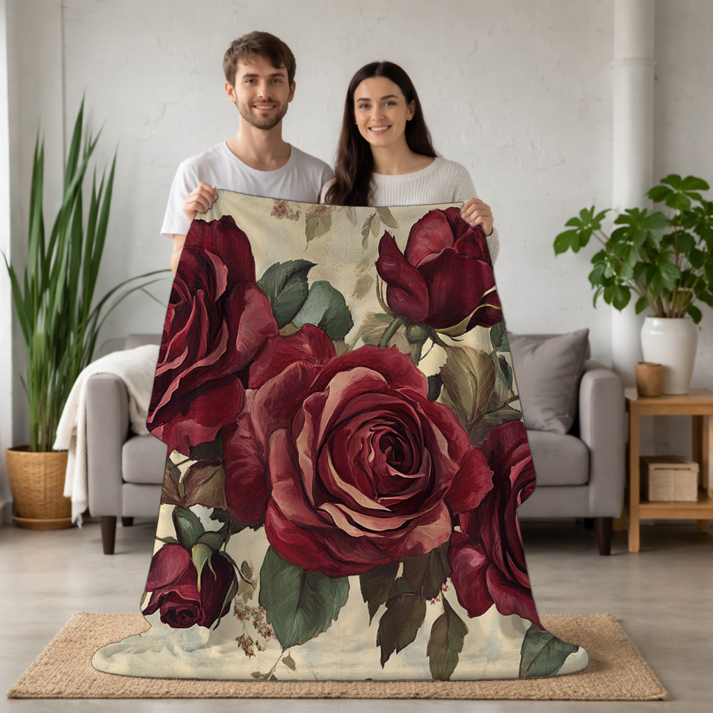 Personalized Spring Red Rose Sherpa Blanket with Custom Name