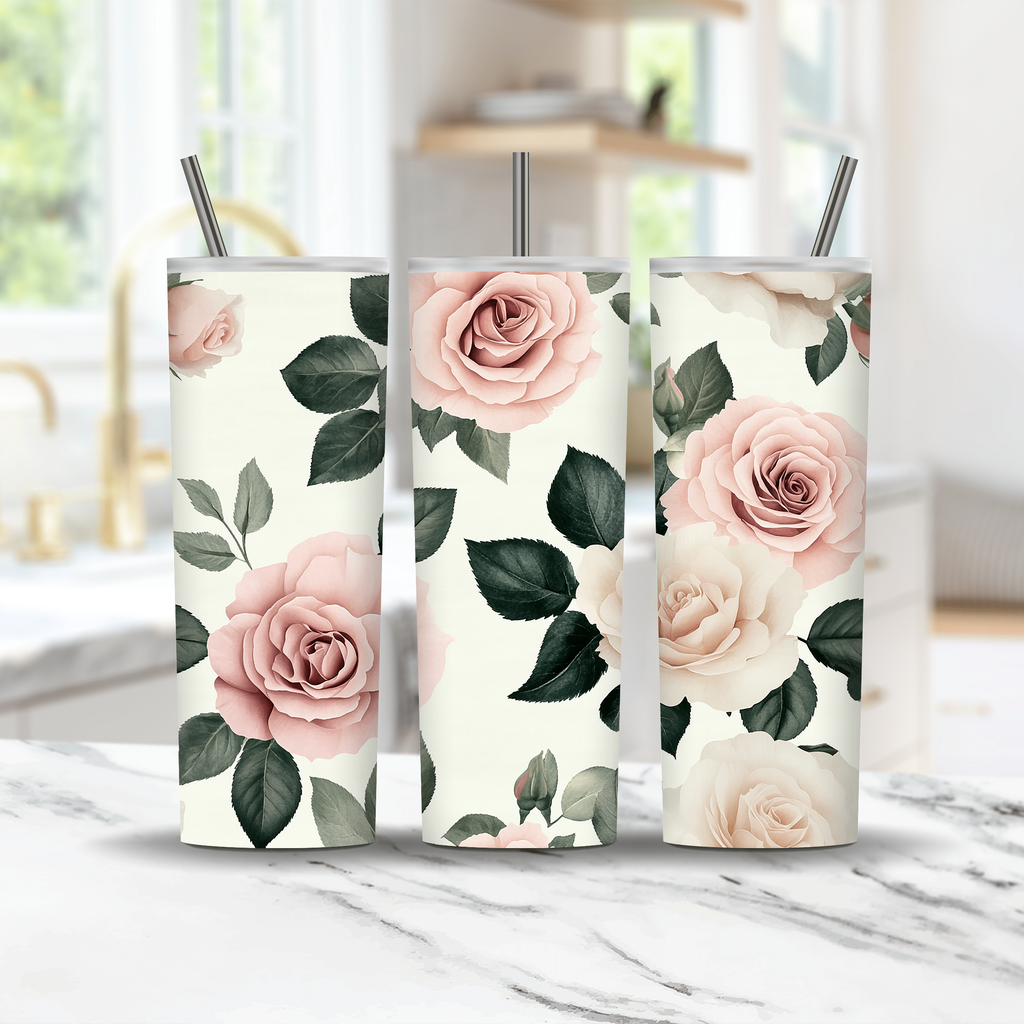 Personalized Blush Rose Tumbler, Custom Botanical Floral Gift