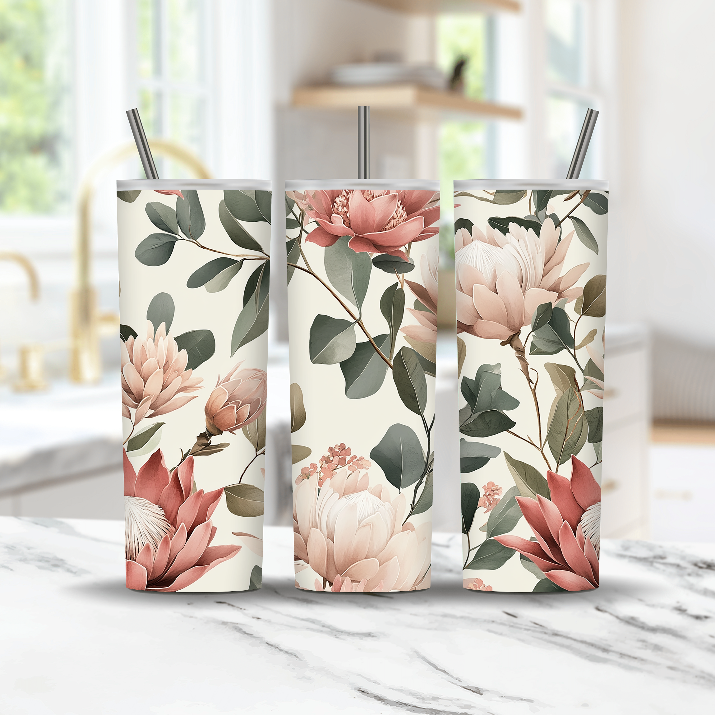 Personalized Protea Tumbler with Custom Name, Botanical Floral Gift