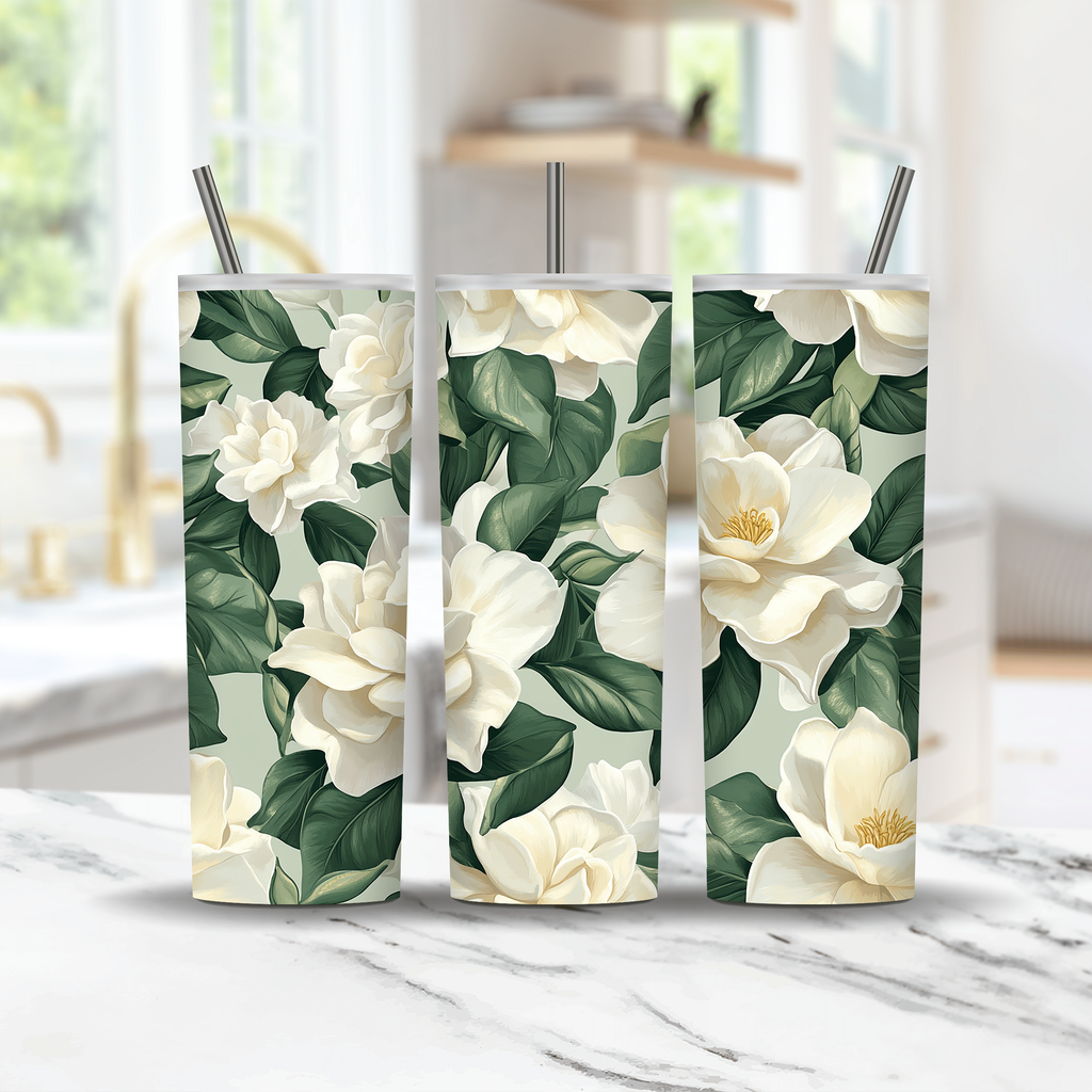 Personalized Magnolia Tumbler with Custom Name, Elegant Floral Gift