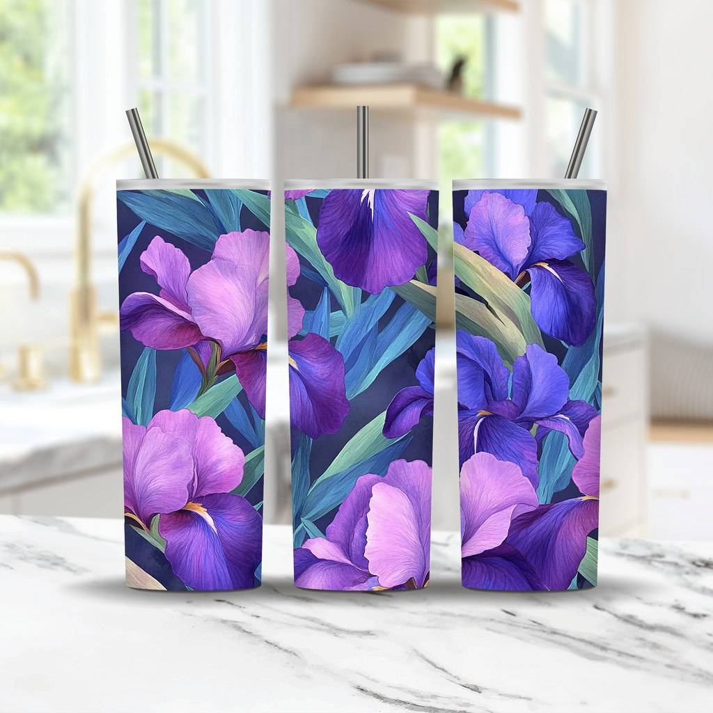 Personalized Iris Tumbler with Custom Name, Elegant Floral Gift