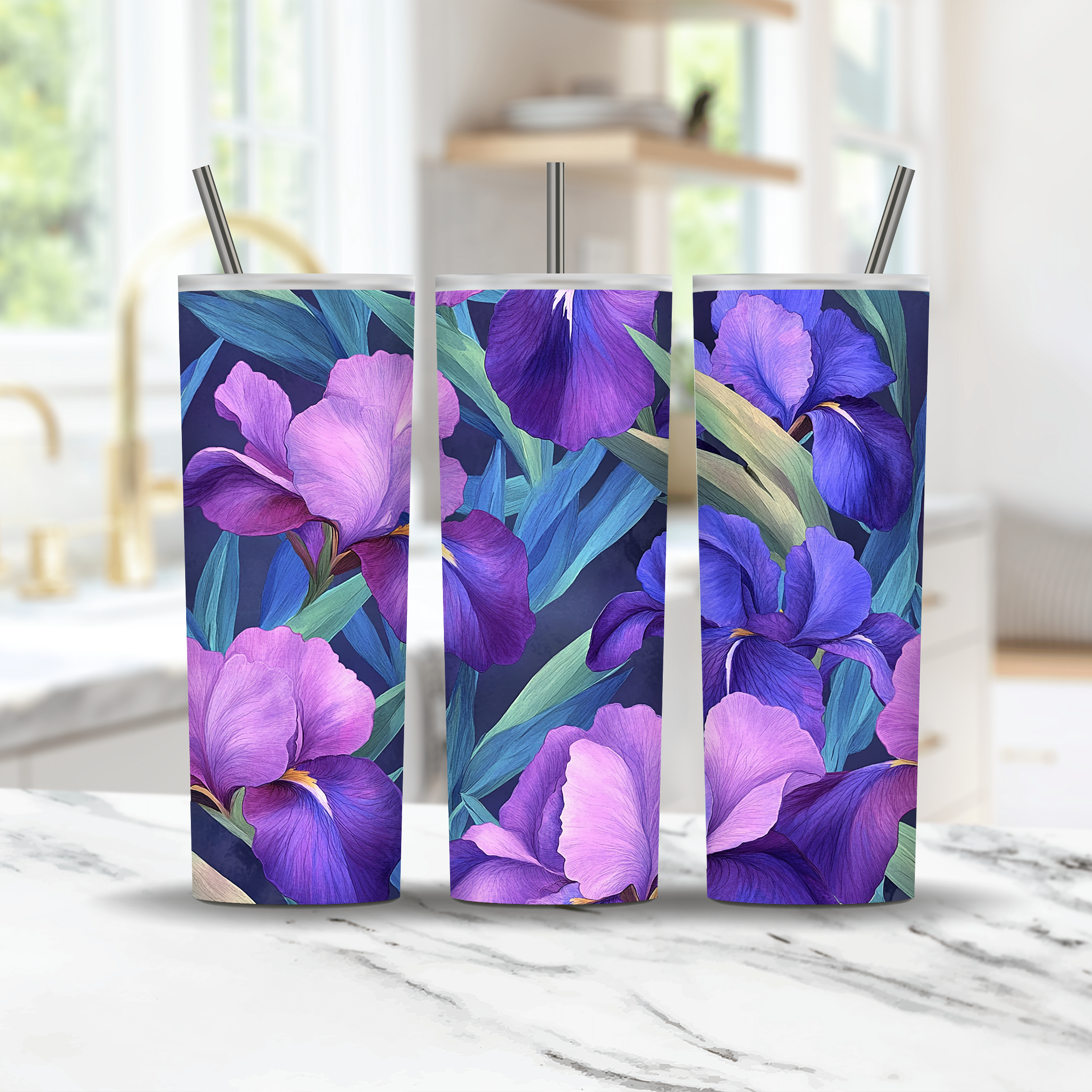 Personalized Iris Tumbler with Custom Name, Elegant Floral Gift