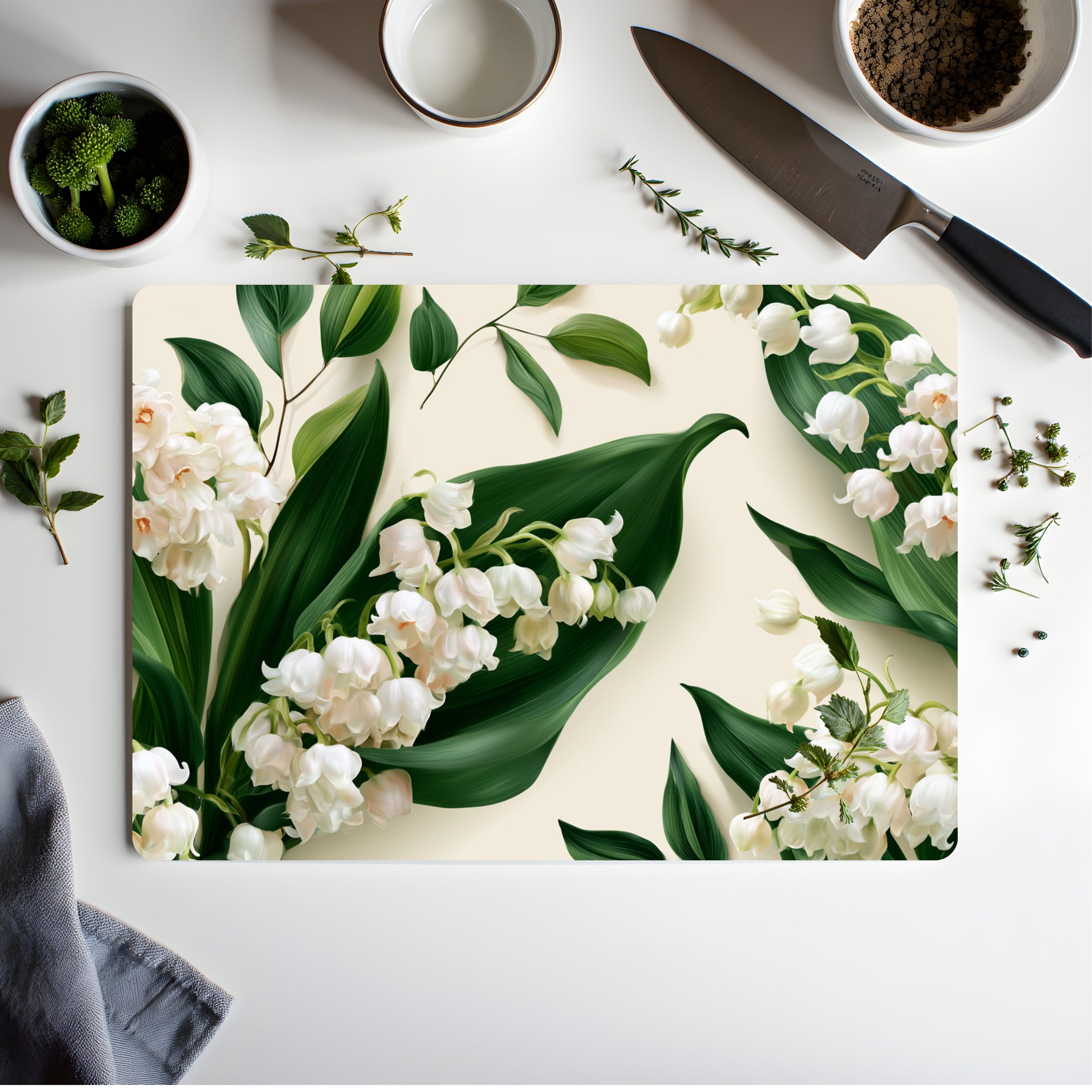 Lily of the Valley Glass Cutting Board Personalized for Cottage Garden Kitchens