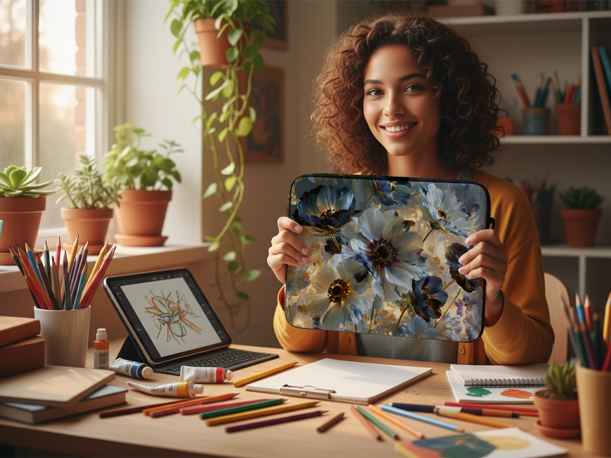 Anemone Floral Laptop Sleeve Personalized with Name for Nature Loving Users