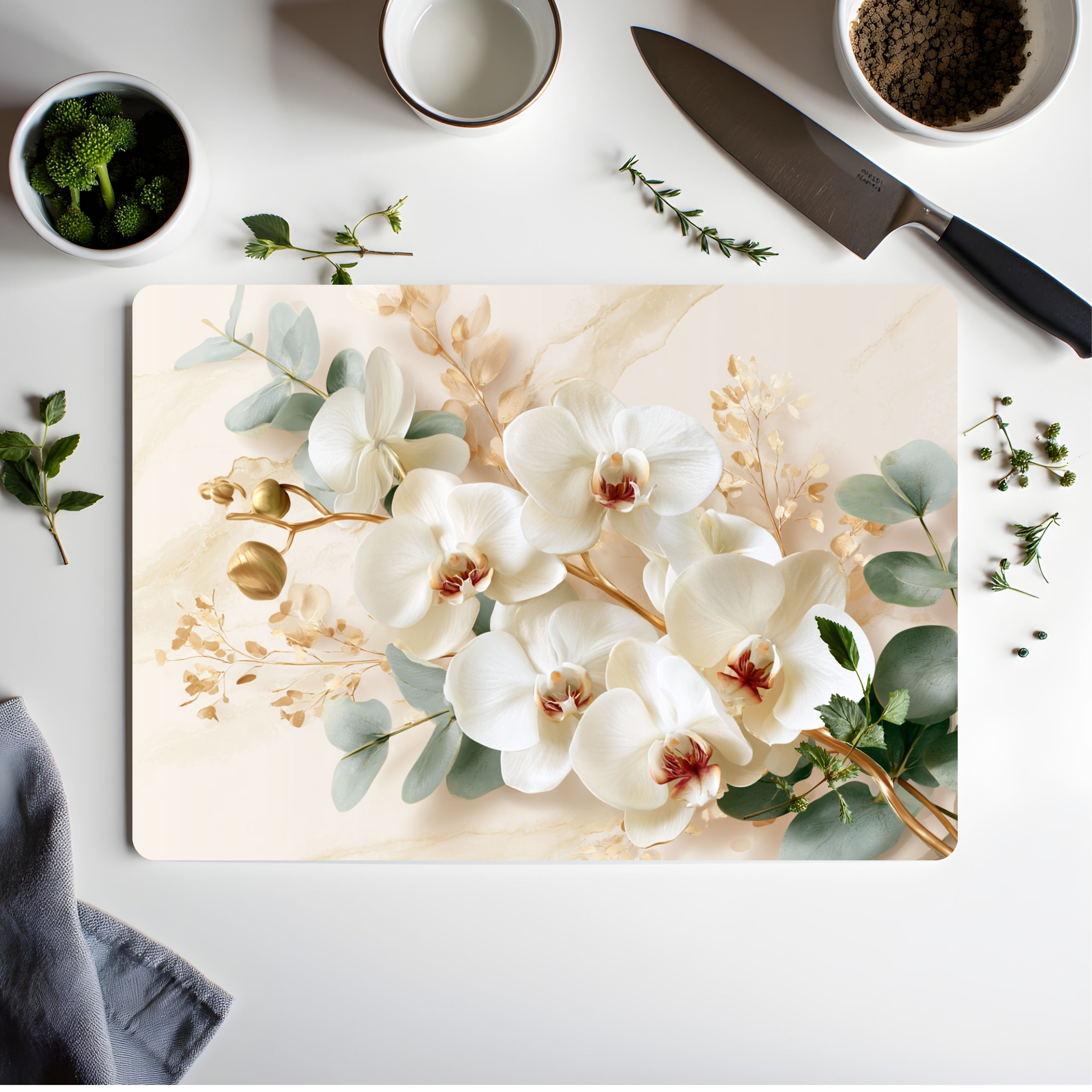 Cream Orchid Glass Cutting Board Personalized for Graceful Kitchen Styling