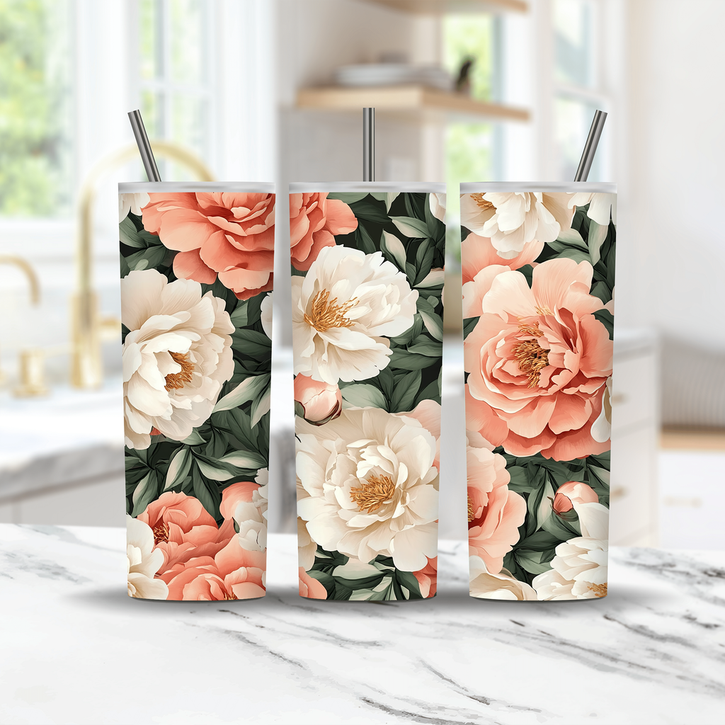 Personalized Peony Tumbler with Custom Name, Elegant Floral Gift