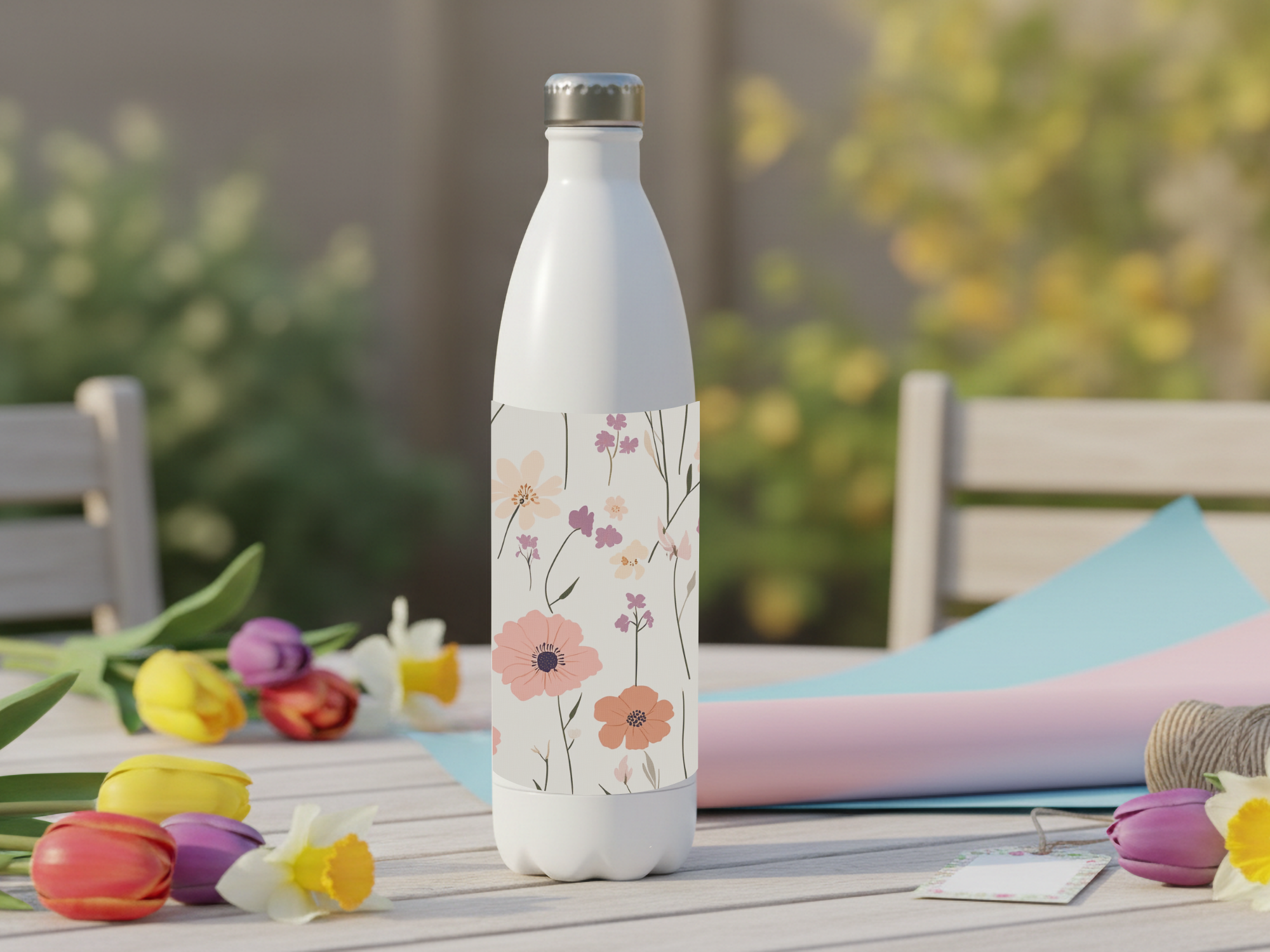 Personalized Wildflower Stainless Steel Water Bottle with Custom Name Garden Design