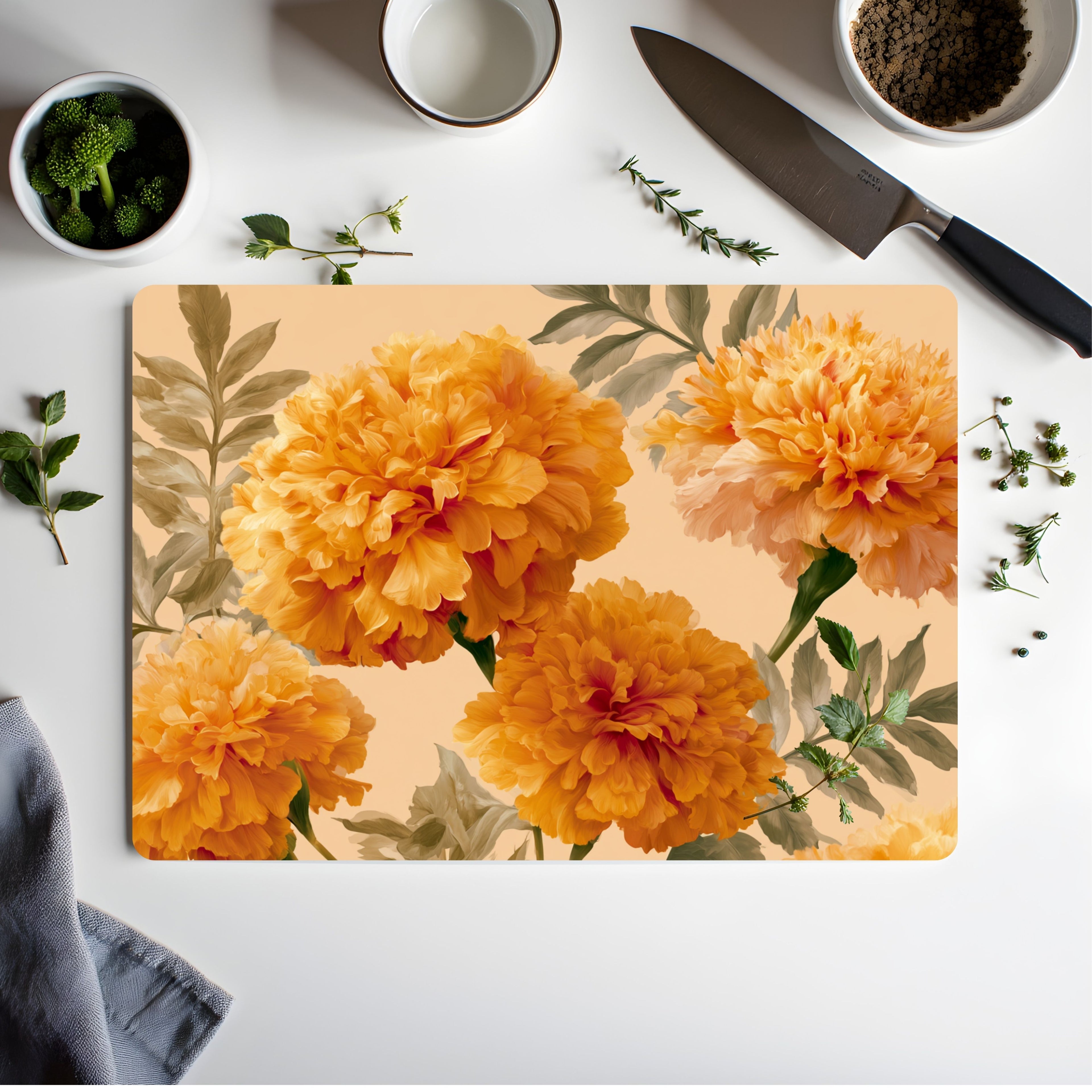 Marigold Bloom Glass Cutting Board Personalized for Sunny Kitchen Style