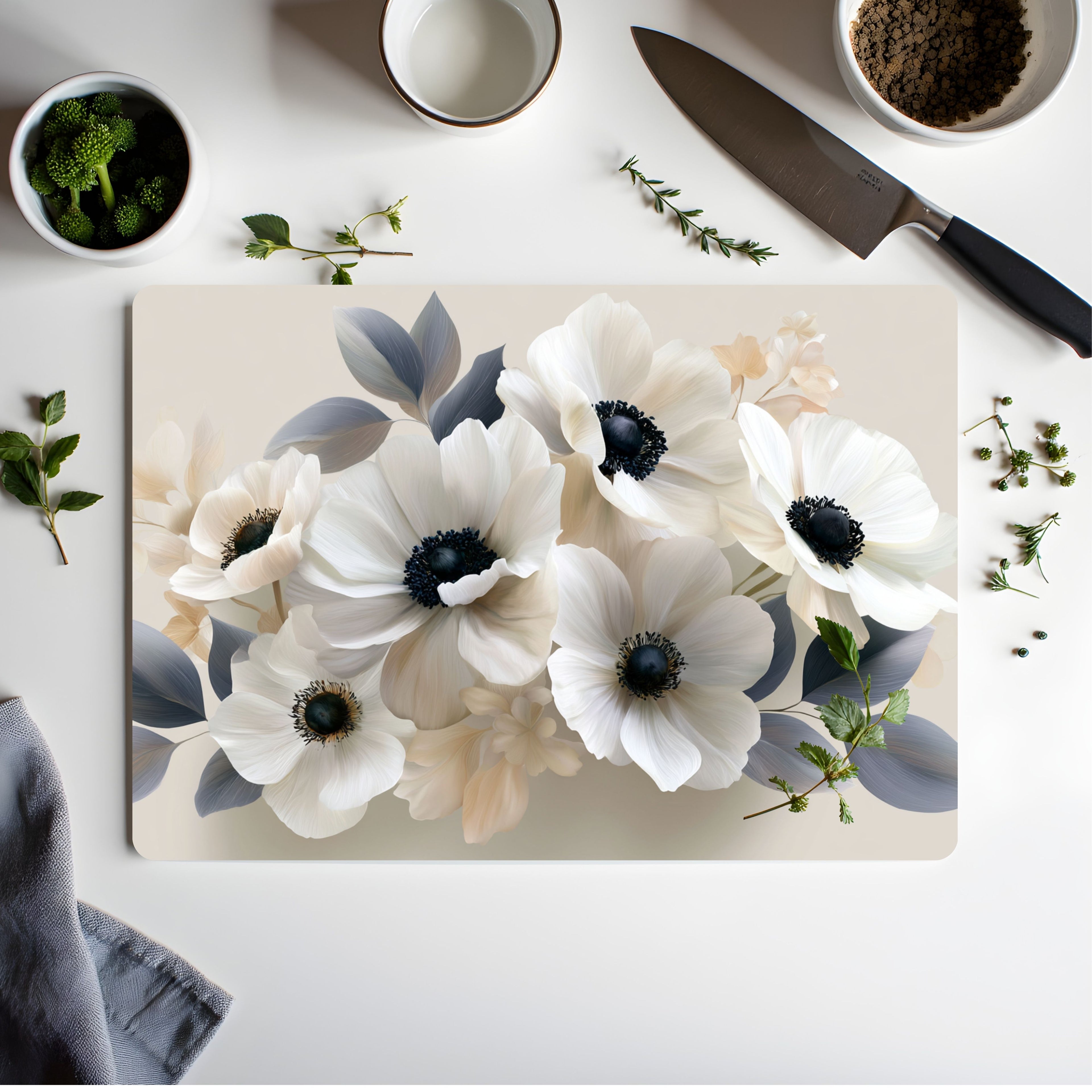 Anemone Bloom Glass Cutting Board Personalized for Refined Kitchen Décor