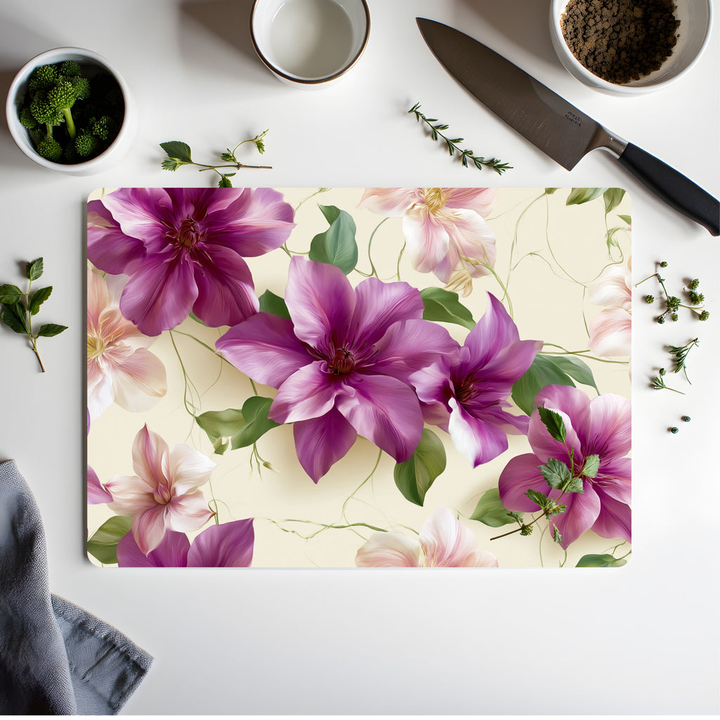 Clematis Garden Glass Cutting Board Personalized for Elegant Kitchen Gatherings
