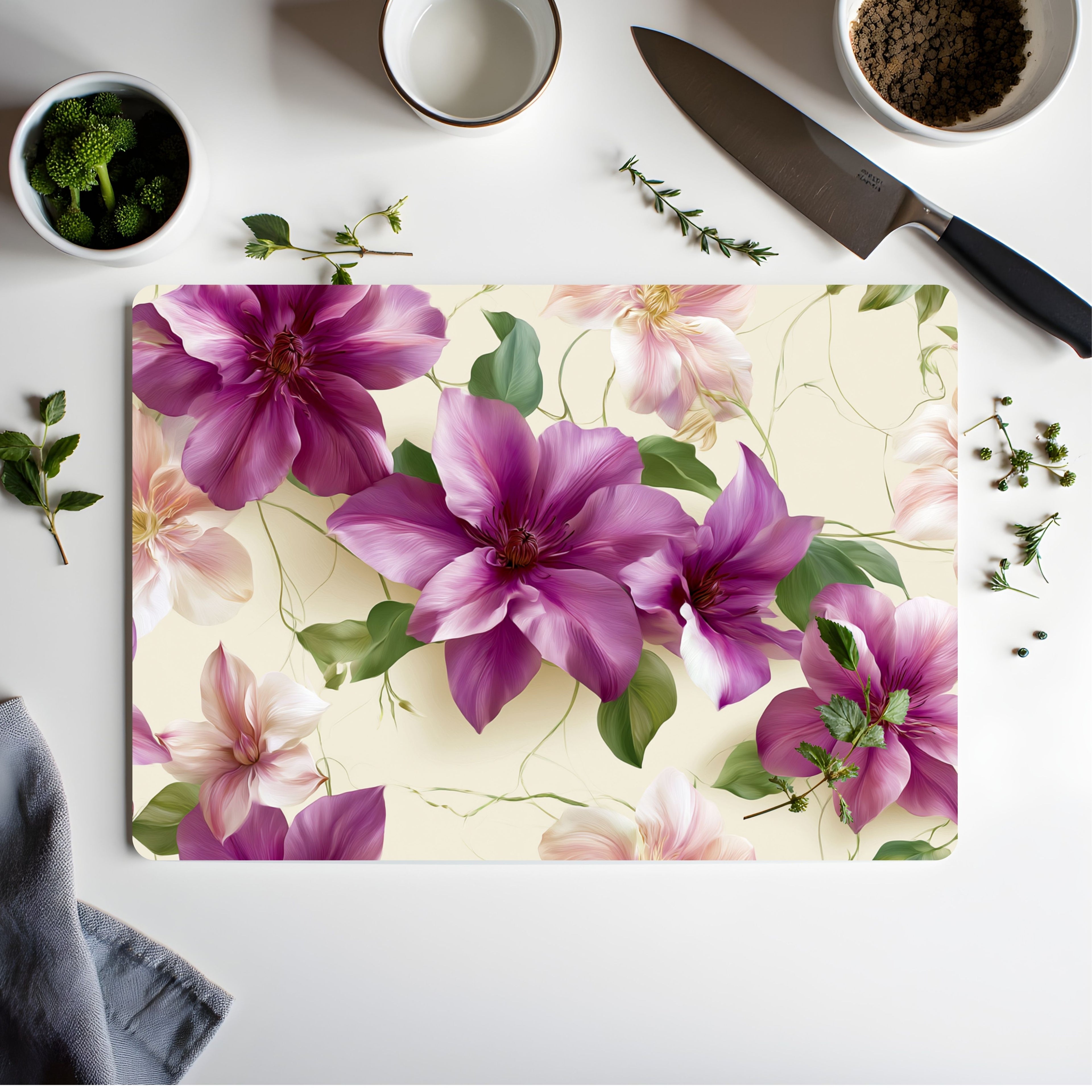 Clematis Garden Glass Cutting Board Personalized for Elegant Kitchen Gatherings