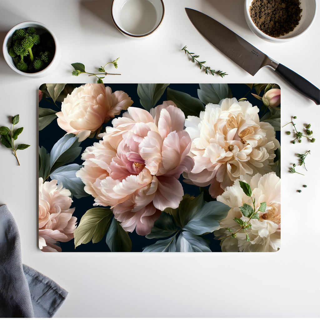 Peony Blossom Glass Cutting Board Personalized for Romantic Kitchen Gatherings