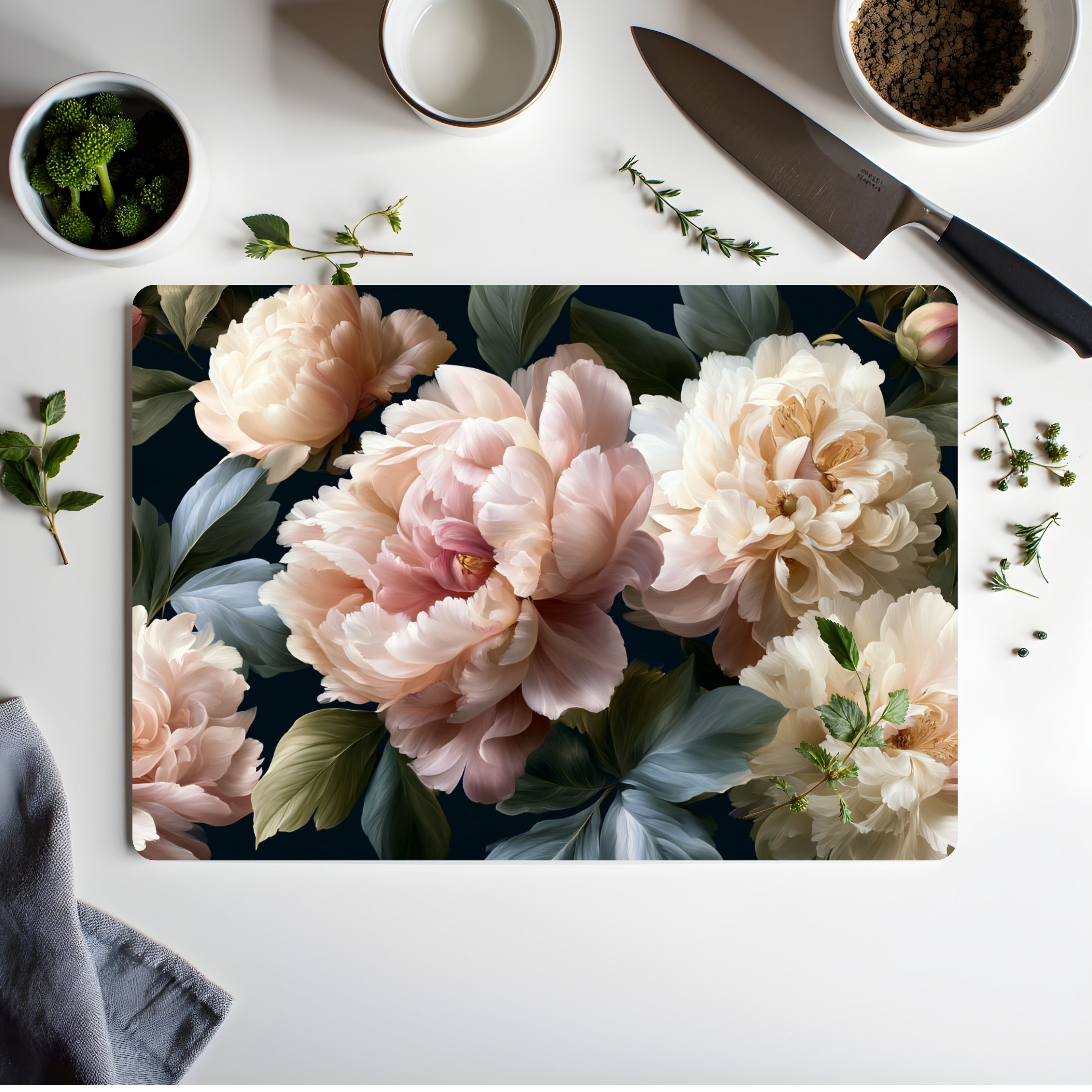 Peony Blossom Glass Cutting Board Personalized for Romantic Kitchen Gatherings