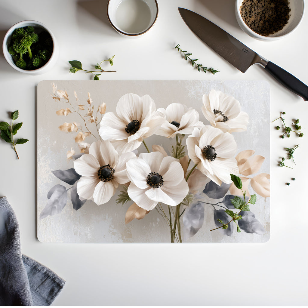 Anemone Bloom Glass Cutting Board Personalized for Elegant Floral Kitchens