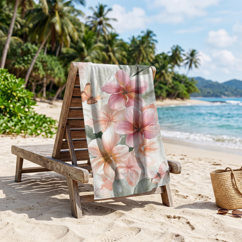 Personalized Floral Beach Towel – Custom Name Botanical Bath Towel