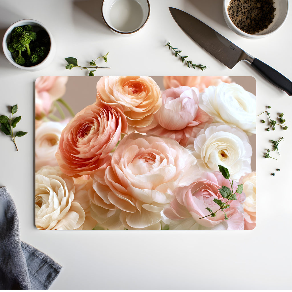 Ranunculus Bloom Glass Cutting Board Personalized for Charming Kitchen Entertaining
