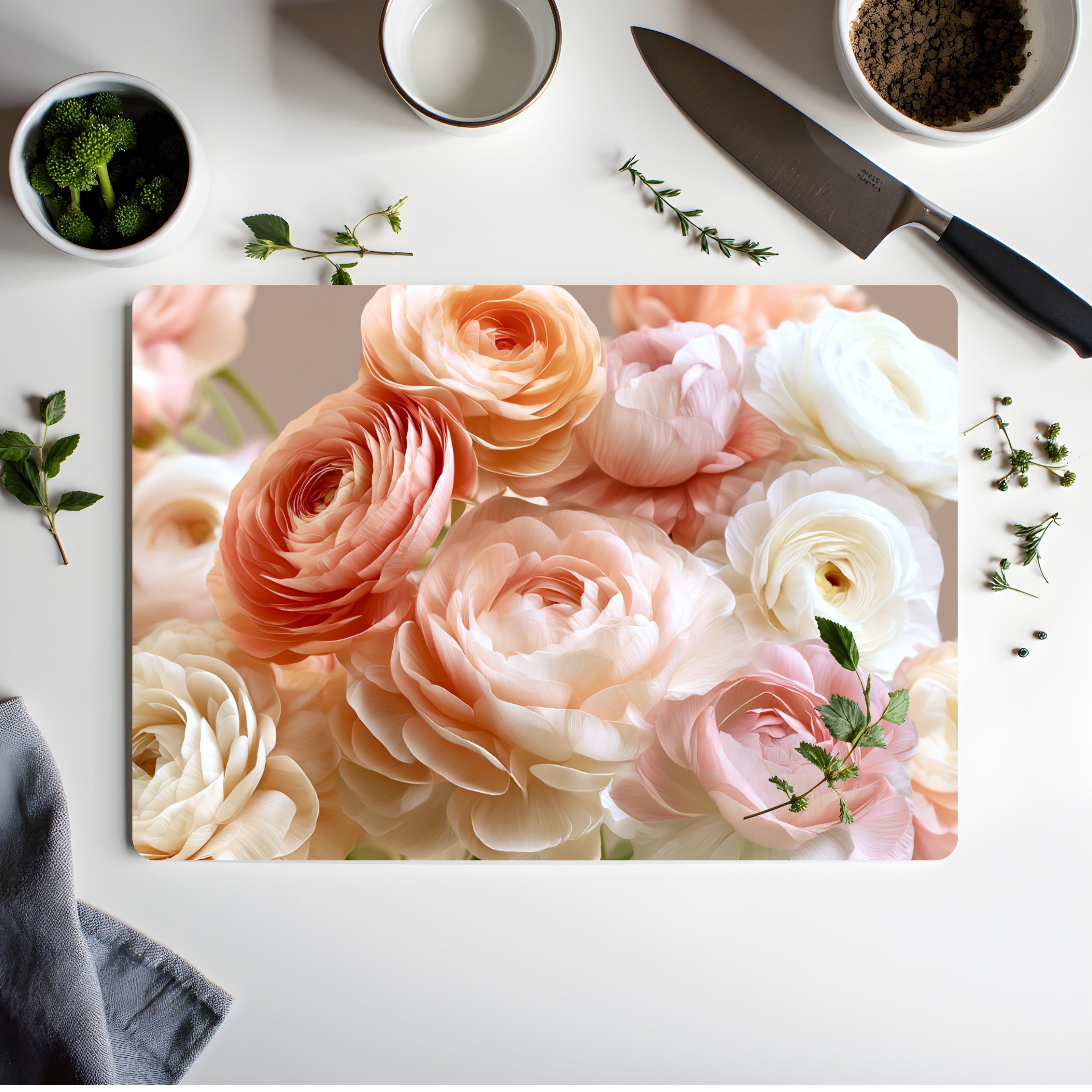 Ranunculus Bloom Glass Cutting Board Personalized for Charming Kitchen Entertaining