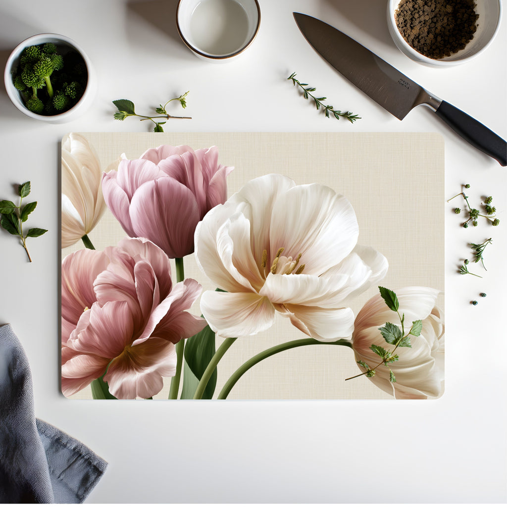 Tulip Bloom Glass Cutting Board Personalized for Fresh Spring Kitchen Style