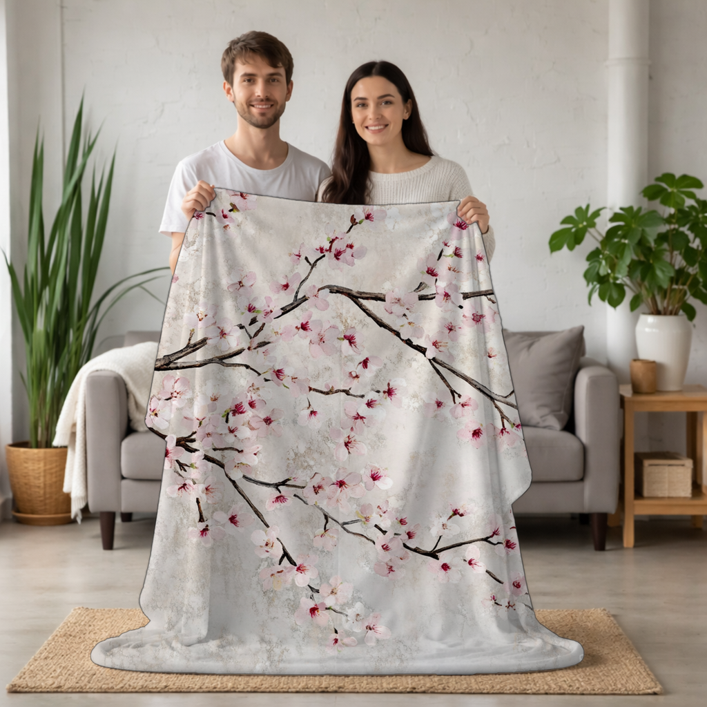 Personalized Cherry Blossom Sherpa Blanket with Custom Name