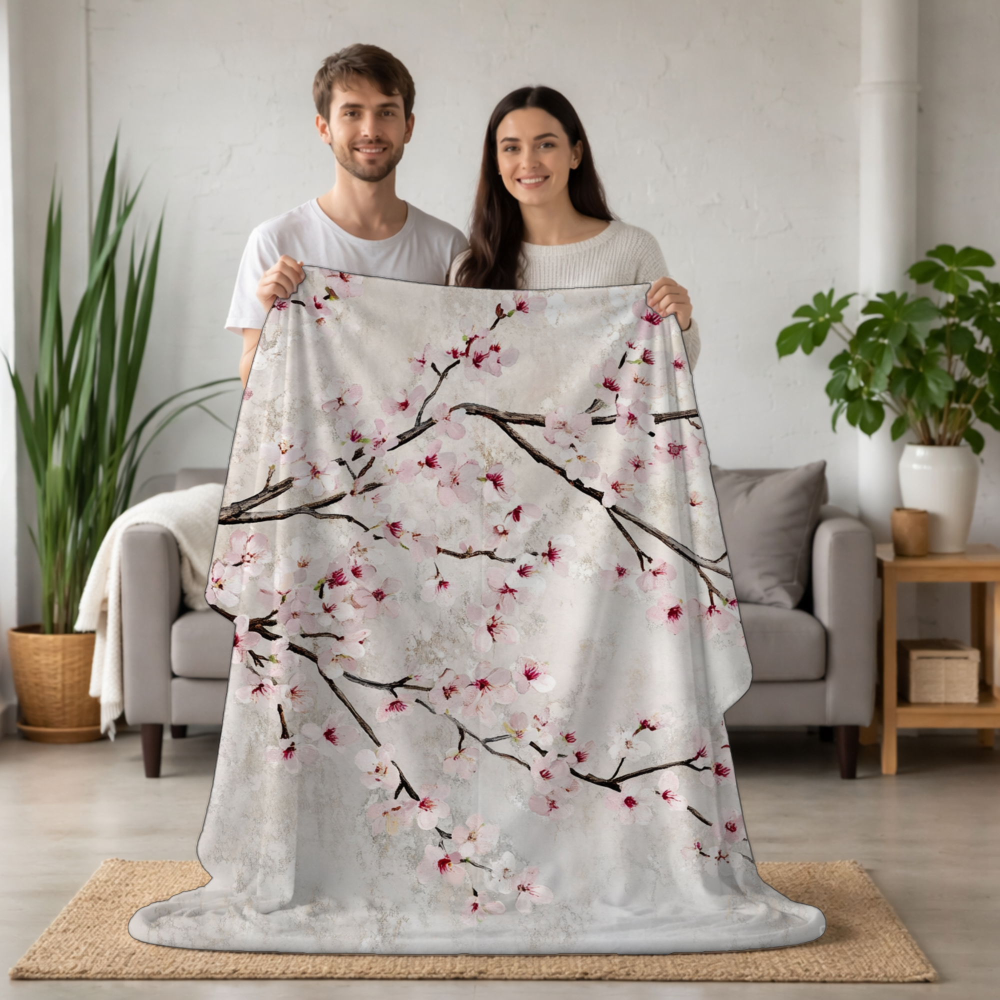 Personalized Cherry Blossom Sherpa Blanket with Custom Name
