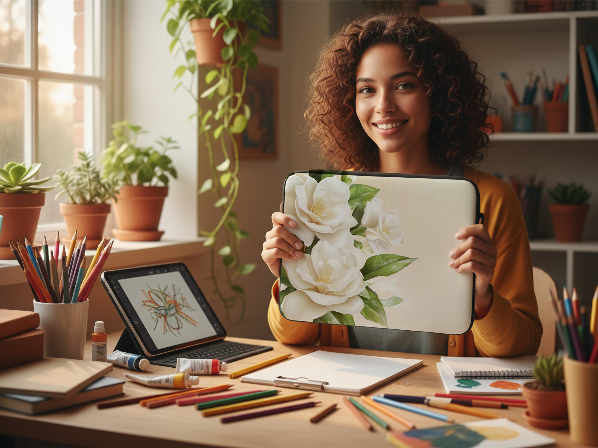 White Magnolia Bloom Laptop Case with Personalized Name