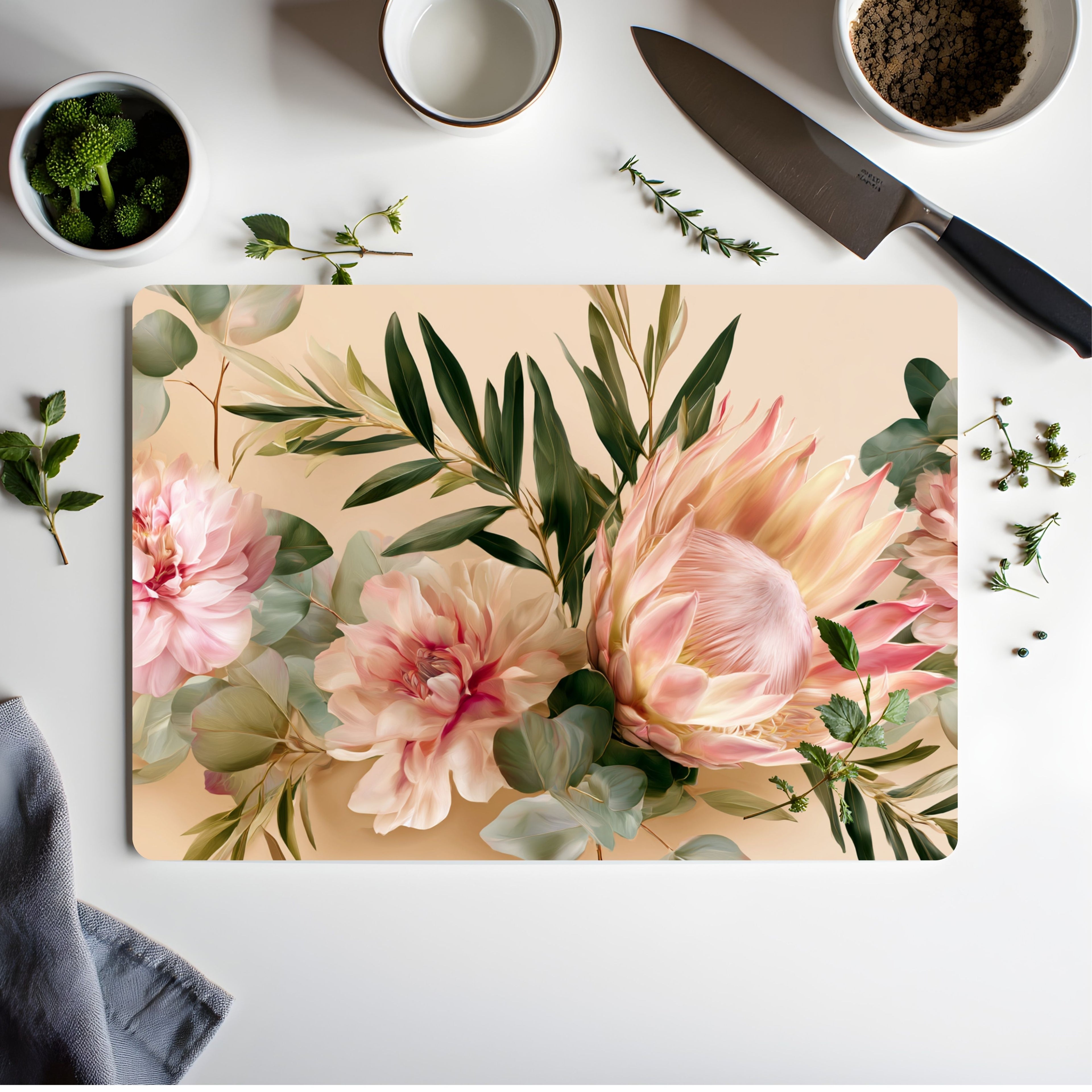 Protea Bloom Glass Cutting Board Personalized for Modern Botanical Kitchens