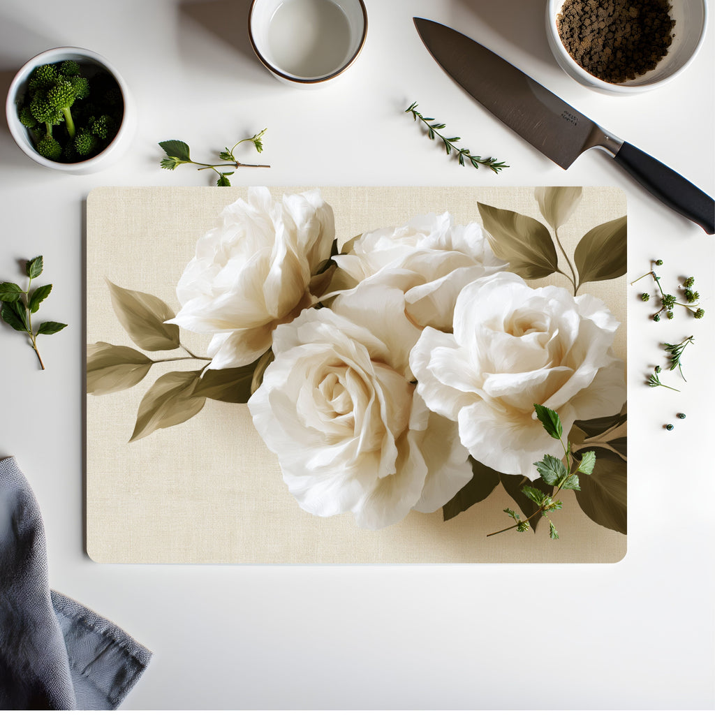 Cream Rose Glass Cutting Board Personalized for Timeless Cottage Kitchen Style