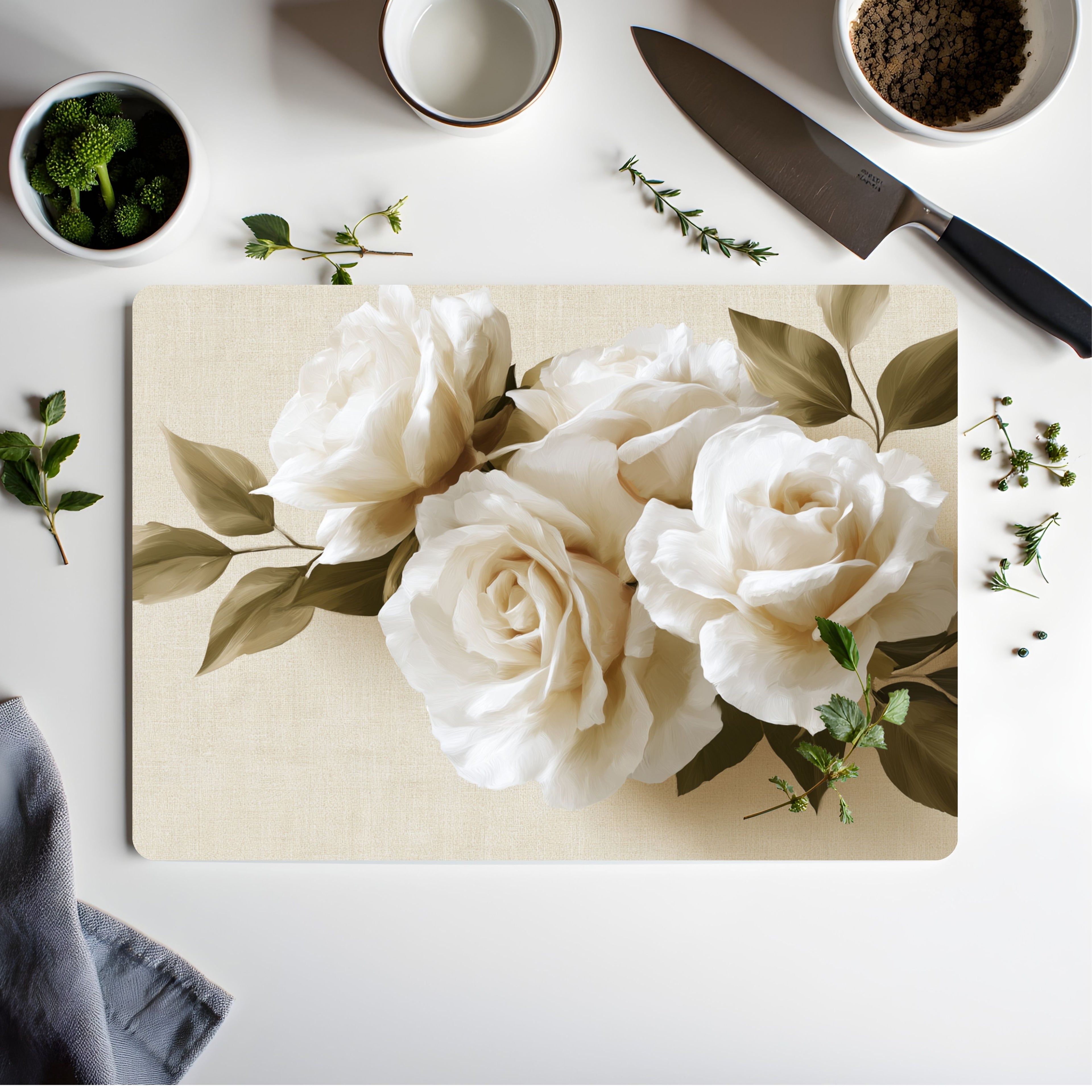 Cream Rose Glass Cutting Board Personalized for Timeless Cottage Kitchen Style