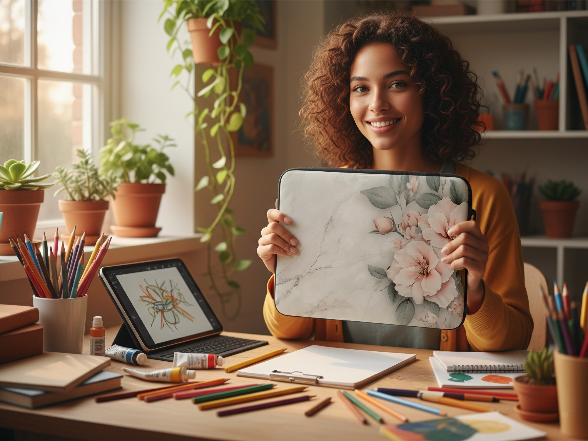Blush Camellia Flower Laptop Sleeve Personalized with Name Botanical Tech Case