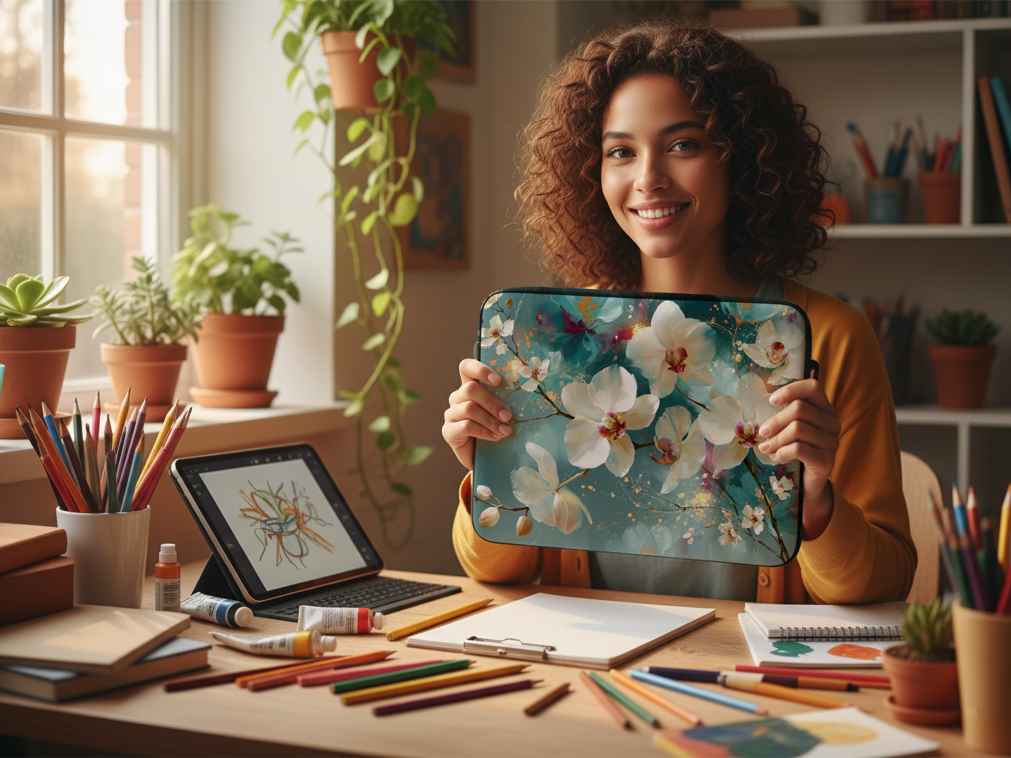 Custom Botanical Laptop Sleeve with Personalized Name Floral Tech Gift Bag