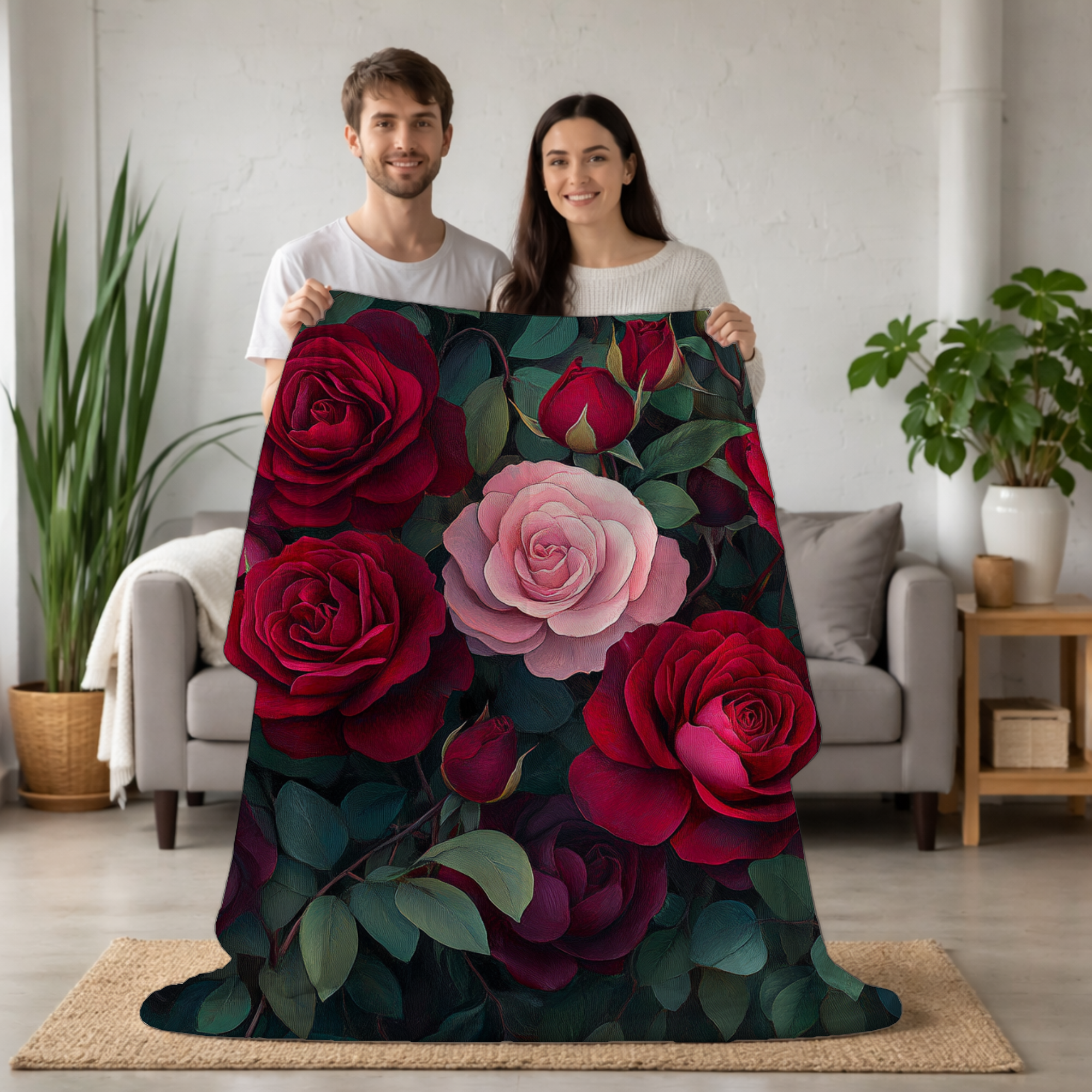 Personalized Rose Bouquet Sherpa Blanket with Custom Name