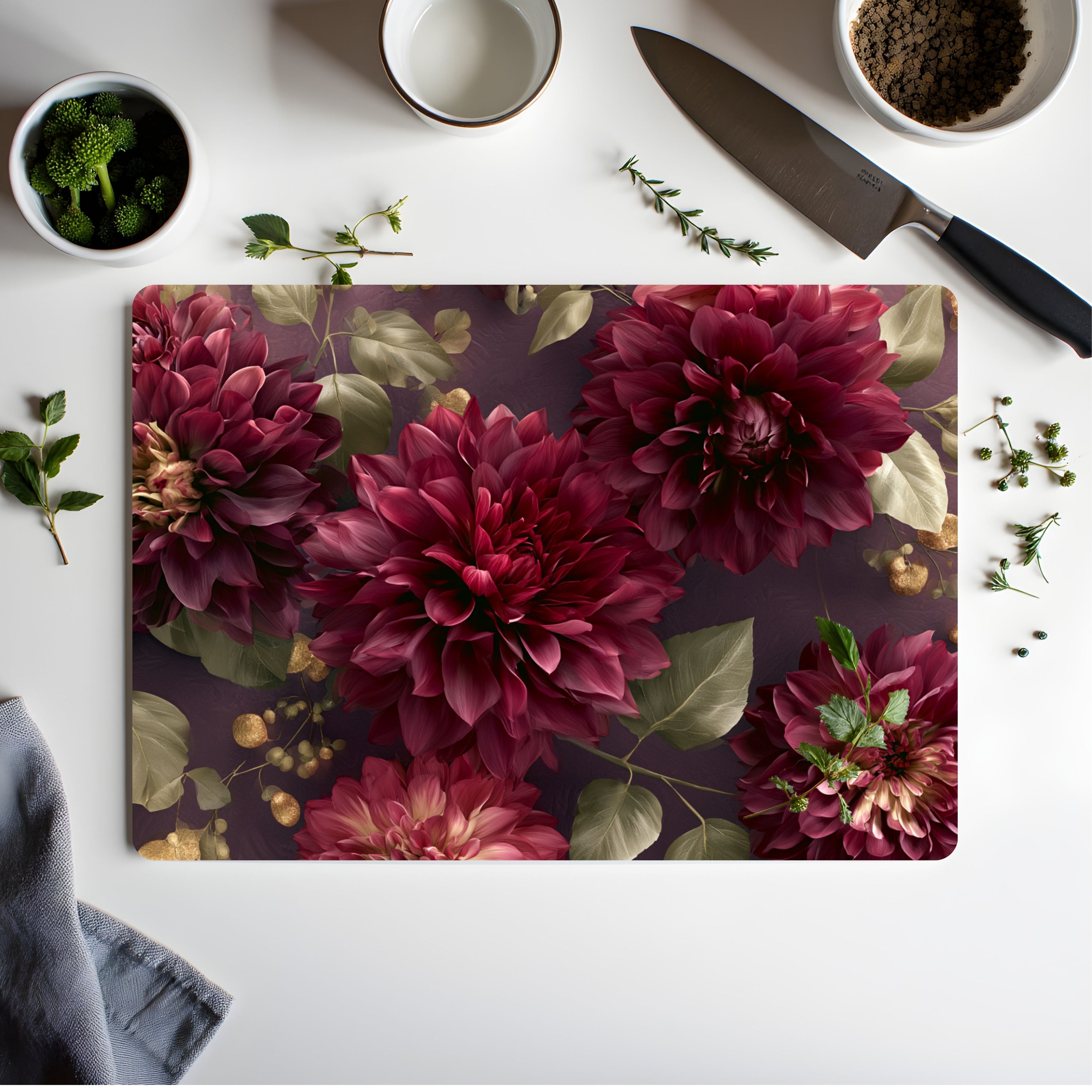 Dahlia Blossom Glass Cutting Board Customized with Your Name and Garden Style