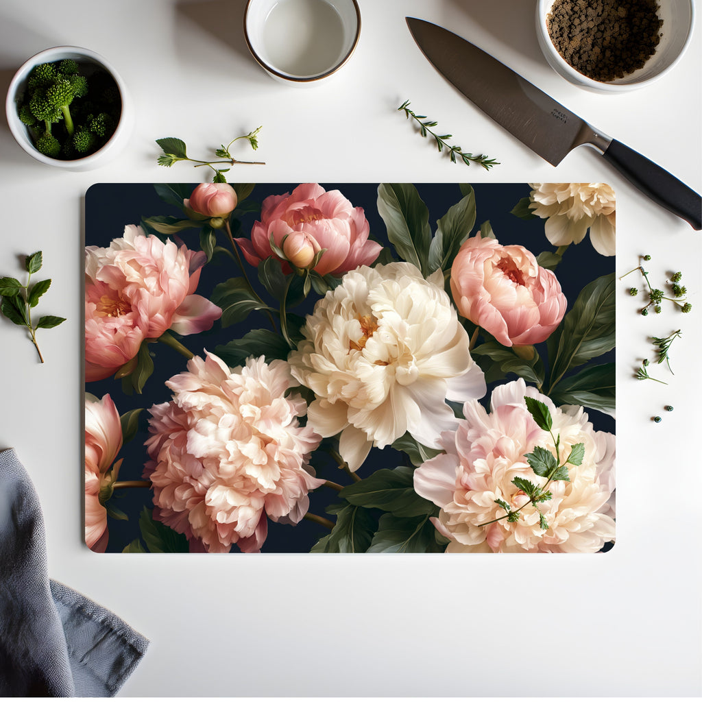 Peony Garden Glass Cutting Board Personalized for Elegant Kitchen Entertaining