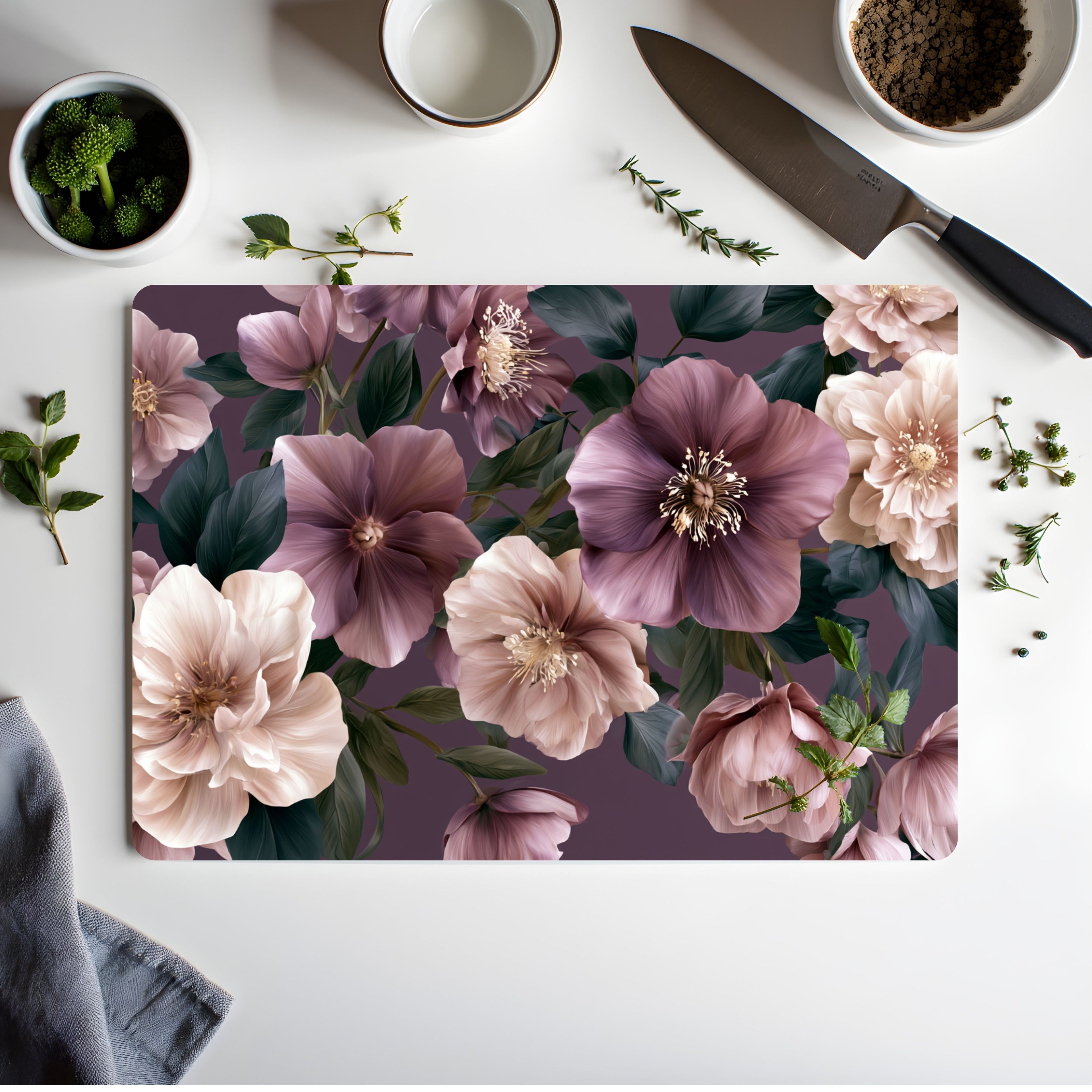 Hellebore Bloom Glass Cutting Board Personalized for Botanical Kitchen Charm
