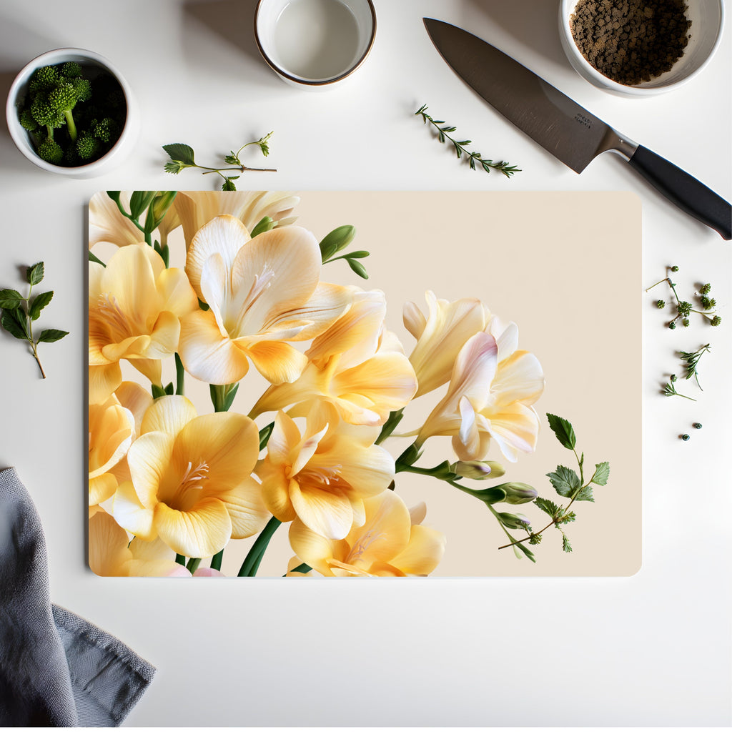 Personalized Freesia Glass Cutting Board with Custom Name Botanical Kitchen Decor