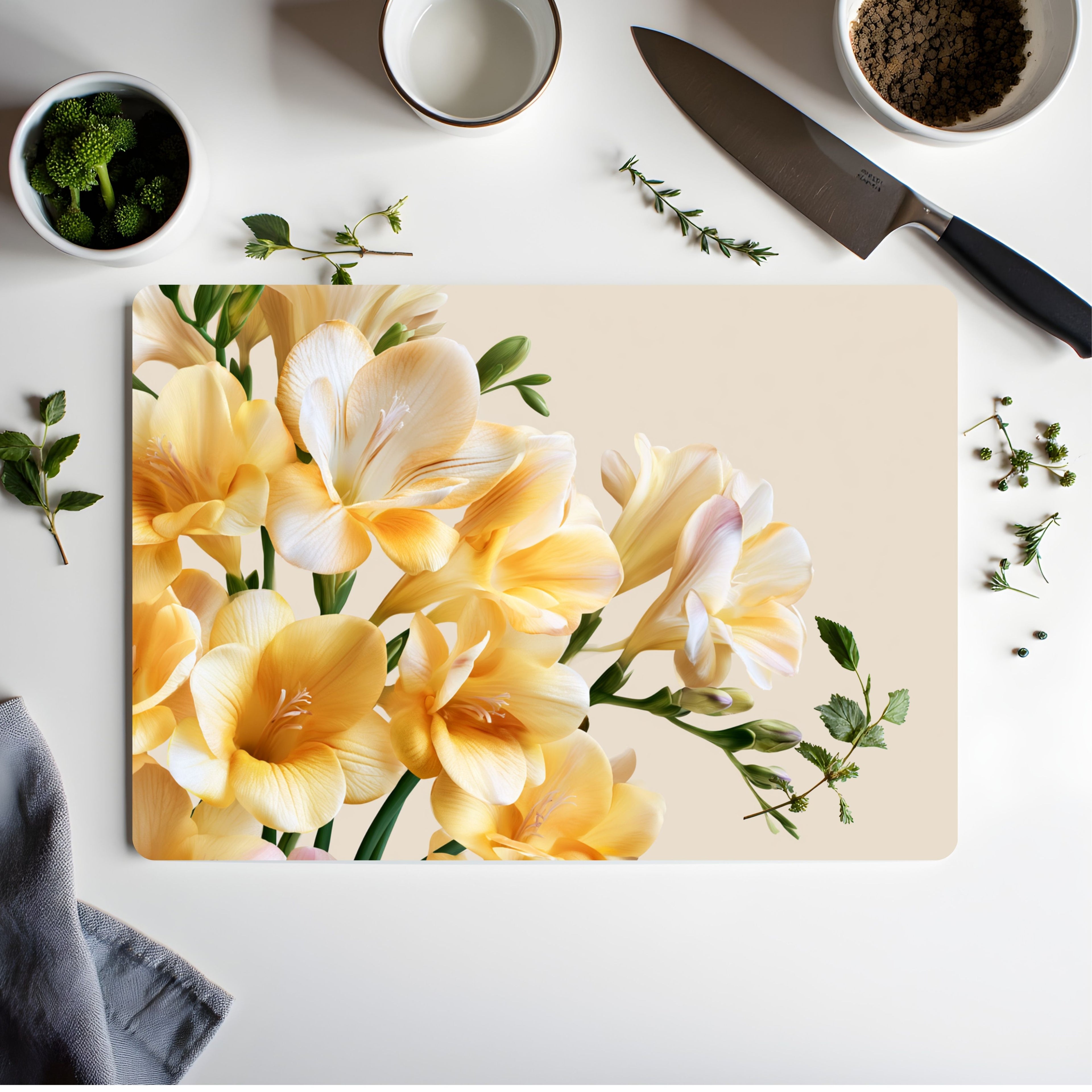 Personalized Freesia Glass Cutting Board with Custom Name Botanical Kitchen Decor